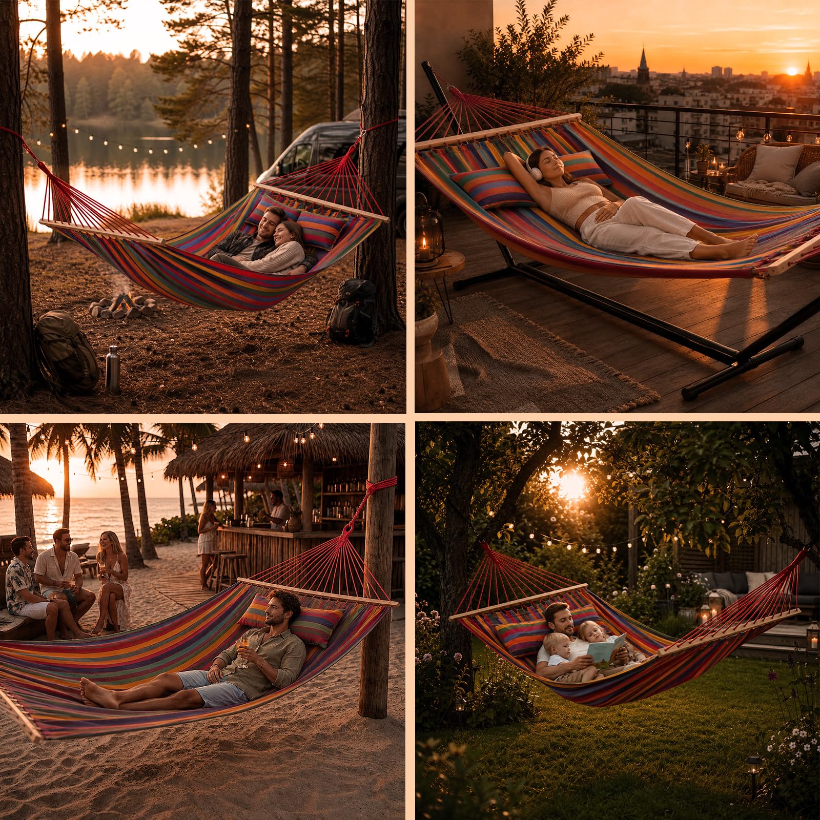 BB Sport Stabhängematte 240 x 150cm Hängematte inkl. 2 Kissen max. 300 kg 2 Personen Doppelhängematte Outdoor, Farbe:Jamaica