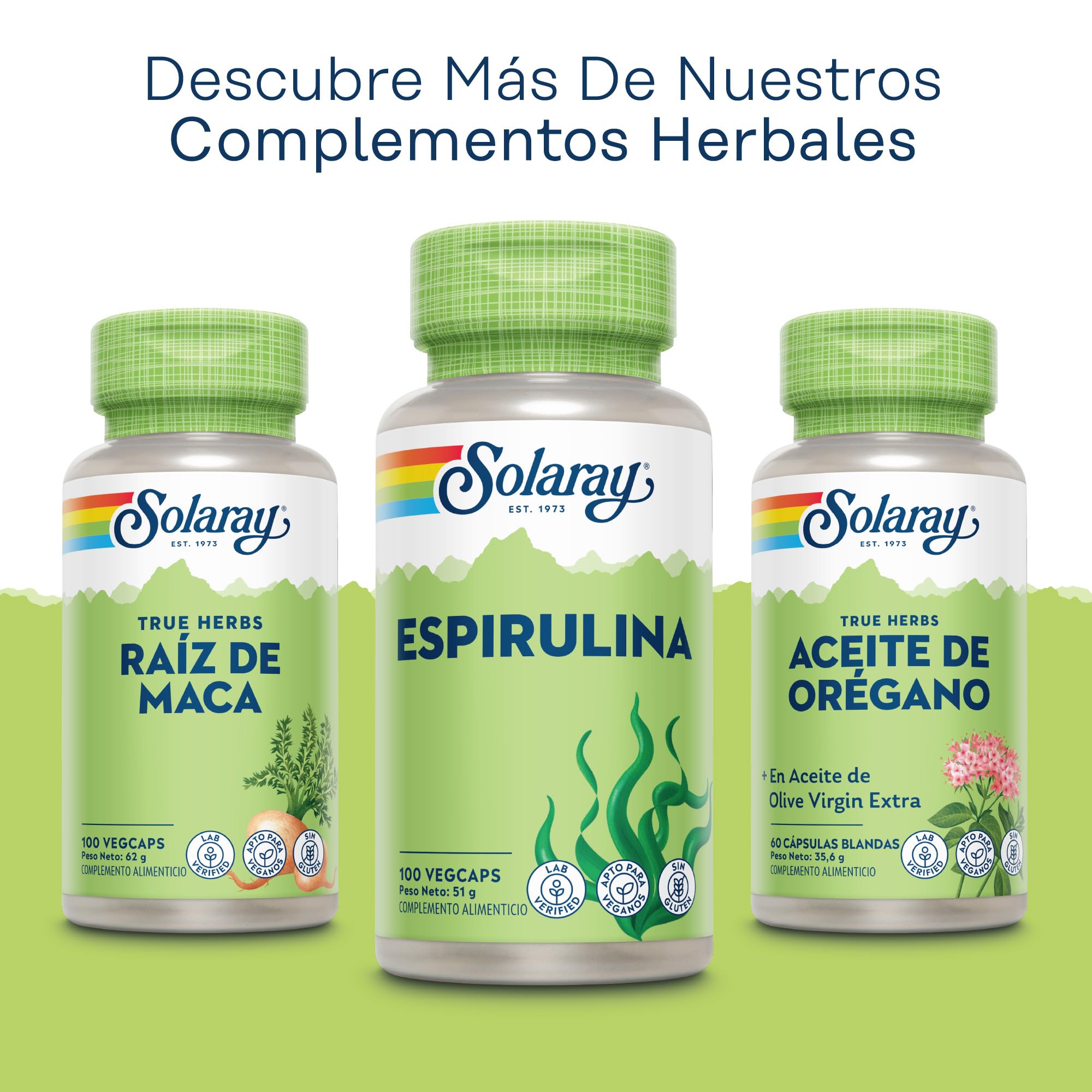 Algas espirulina – 100 cápsulas veganas, no tabletas ni polvo, suplemento de espirulina de alta resistencia con vitamina A añadida de 70 mcg, verificado en laboratorio Solaray