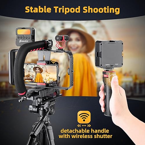 Miniatura 6 de Zeadio Kit estabilizador de cámara para smartphone, mango portátil, soporte de video portátil con luz de video RGB y micrófono, se adapta a todas