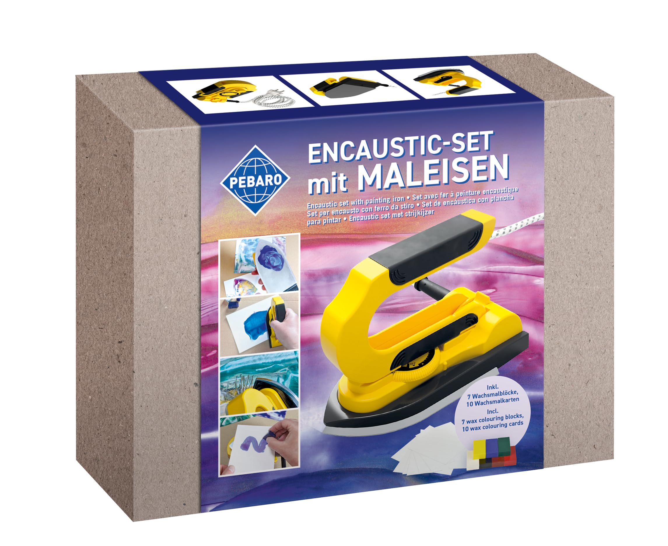 Pebaro 0274 Encaustic - Juego de utensilios para pintar con plancha para cera, 7 bloques de cera, 5 tarjetas blancas A5 y DIN A6, amarillo, 22 x 6 x 16 cm