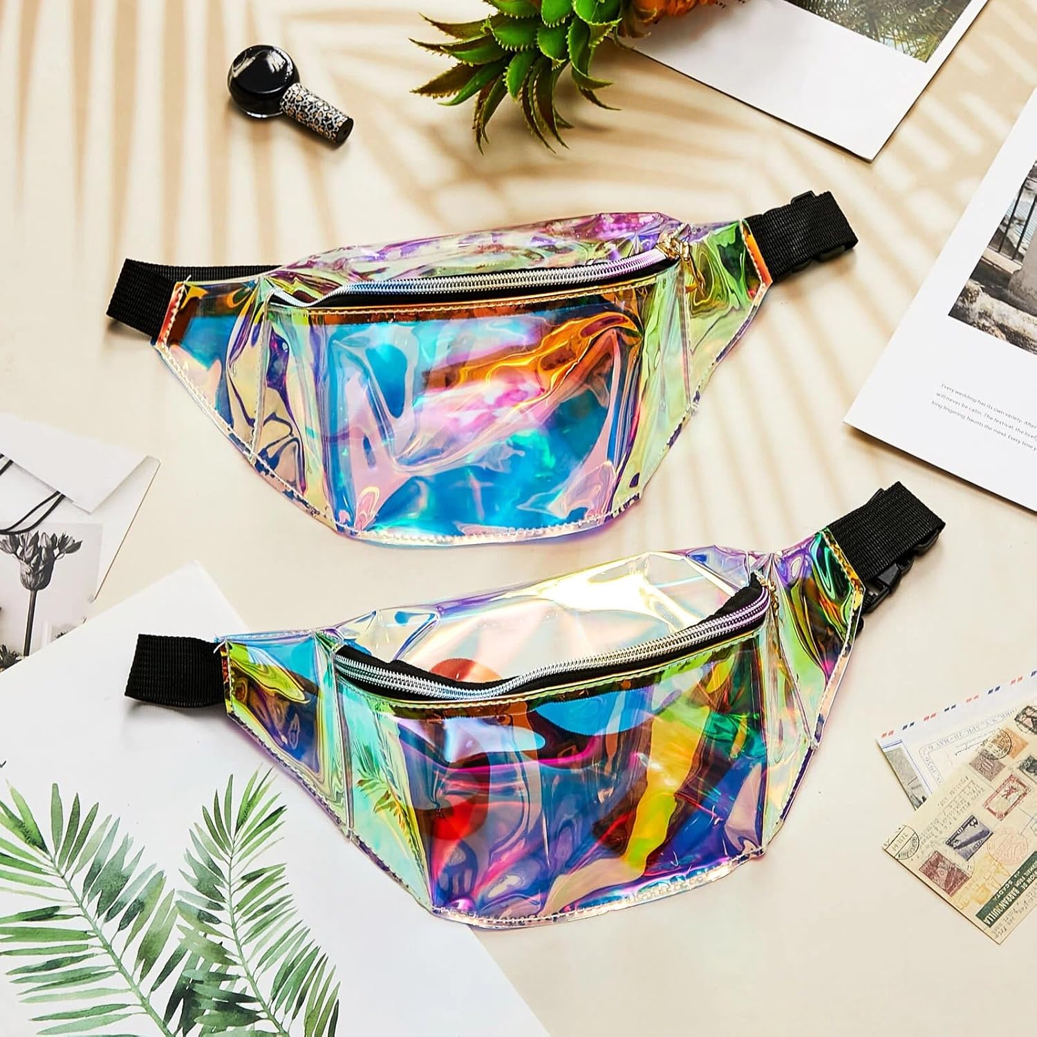 Dunzy 12 Pcs Holographic Fanny Pack Waterproof Neon Belt Bag Transparent 80s 90s Fanny Packs for Women Bachelorette Party Concerts Travel Hiking, Clear Iridescent - Image 4