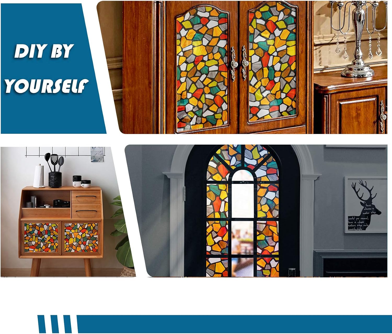 VEELIKE Privacy Film - Classy Stained Glass Window Cover, Static Cling, Decorative Non-Adhesive Removable Anti UV Door Covering, Vinyl for Home Living Room, 15.7x118 Inches, Colored Stone