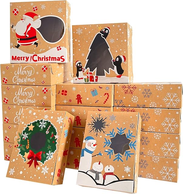 DIYDEC 24pcs Christmas Cookies Boxes, Christmas Kraft Cupcake Biscuit Bakery Boxes with Window Xmas DIY Gift Cake Boxes for Gifts Christmas Party Treat Boxes
