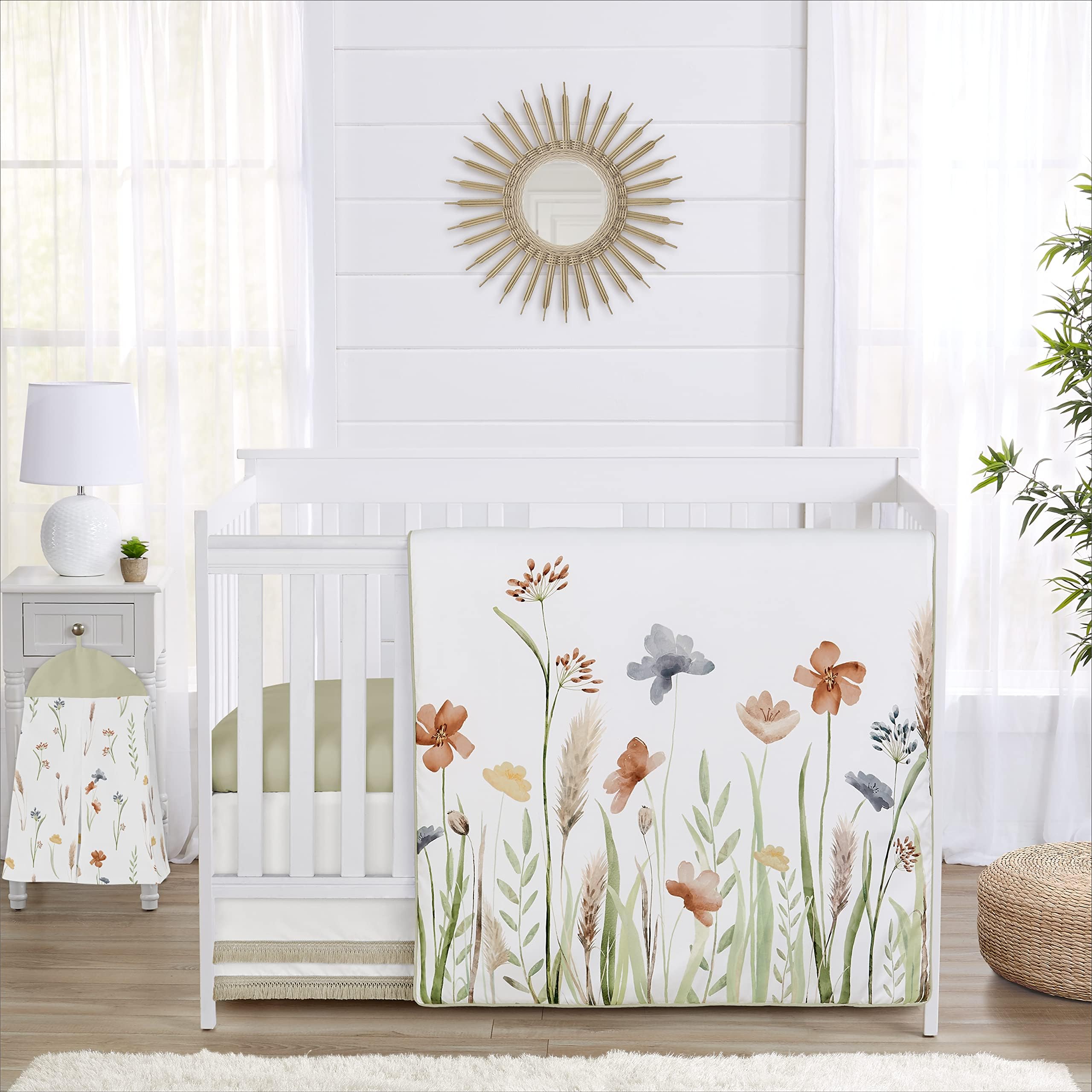Sweet Jojo Designs 4-Piece Baby Crib Bedding Set (Green Boho Floral) for Girls, Infants/Nursery incl. Blanket, Fitted Sheet, Skirt, Diaper Stacker (Flower, Garden, Bohemian, Farmhouse, Wildflower)