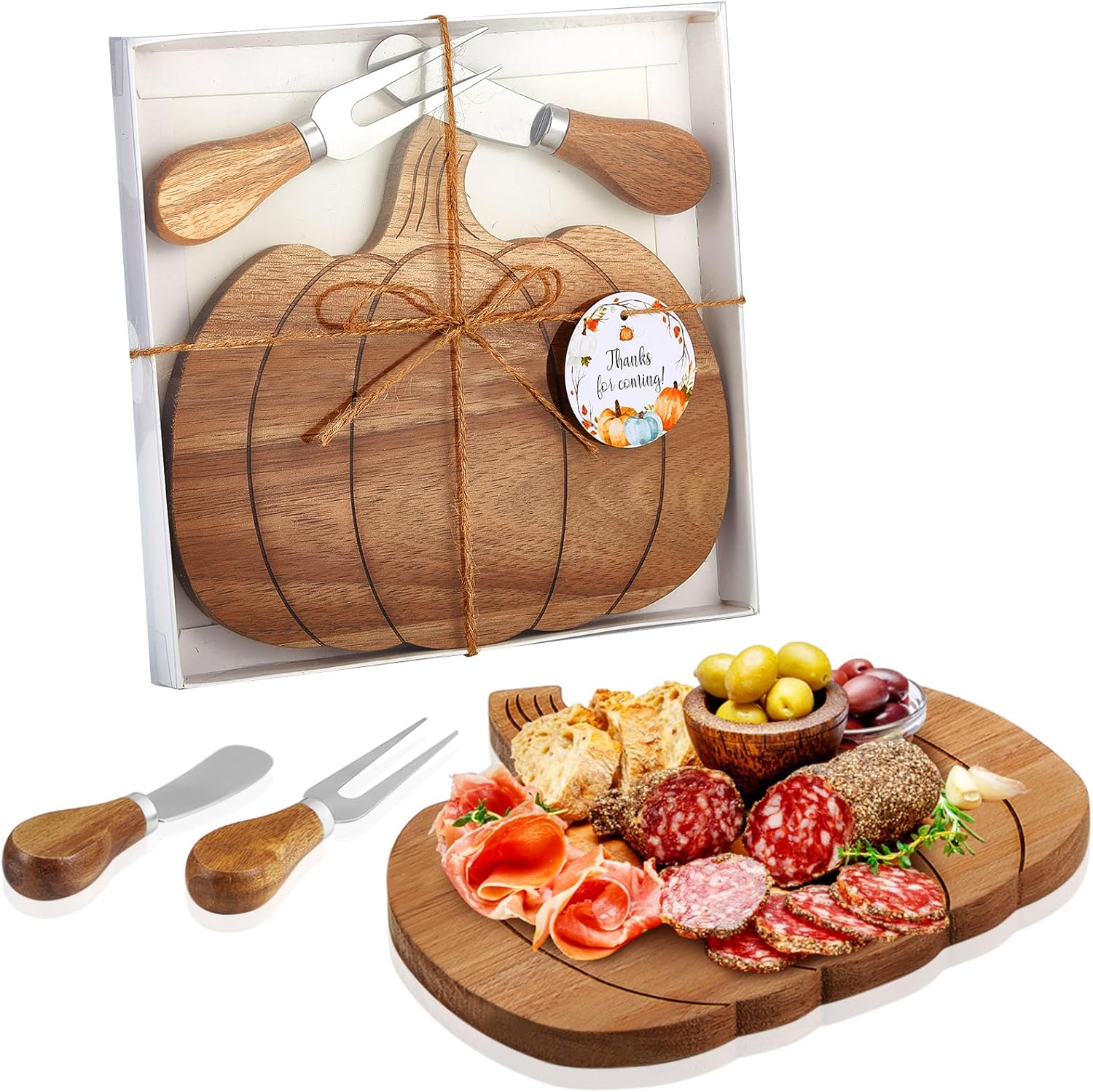 12 Sets Pumpkin Cheese Board Fall Party Favors Small Thanksgiving Wood Cheese Board with Knife Set for Kitchen Decoration