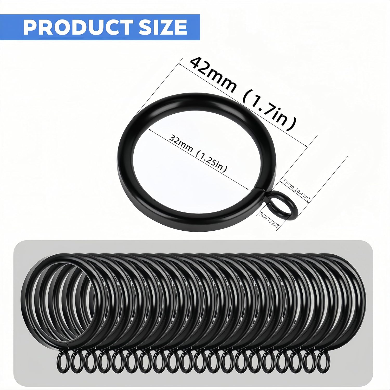 1.25 inch Curtain Rings 40 Pack Black - Small Hole Eyelets for 1.25” Rods, Rust-Resistant Iron, Quiet Glide Modern Design