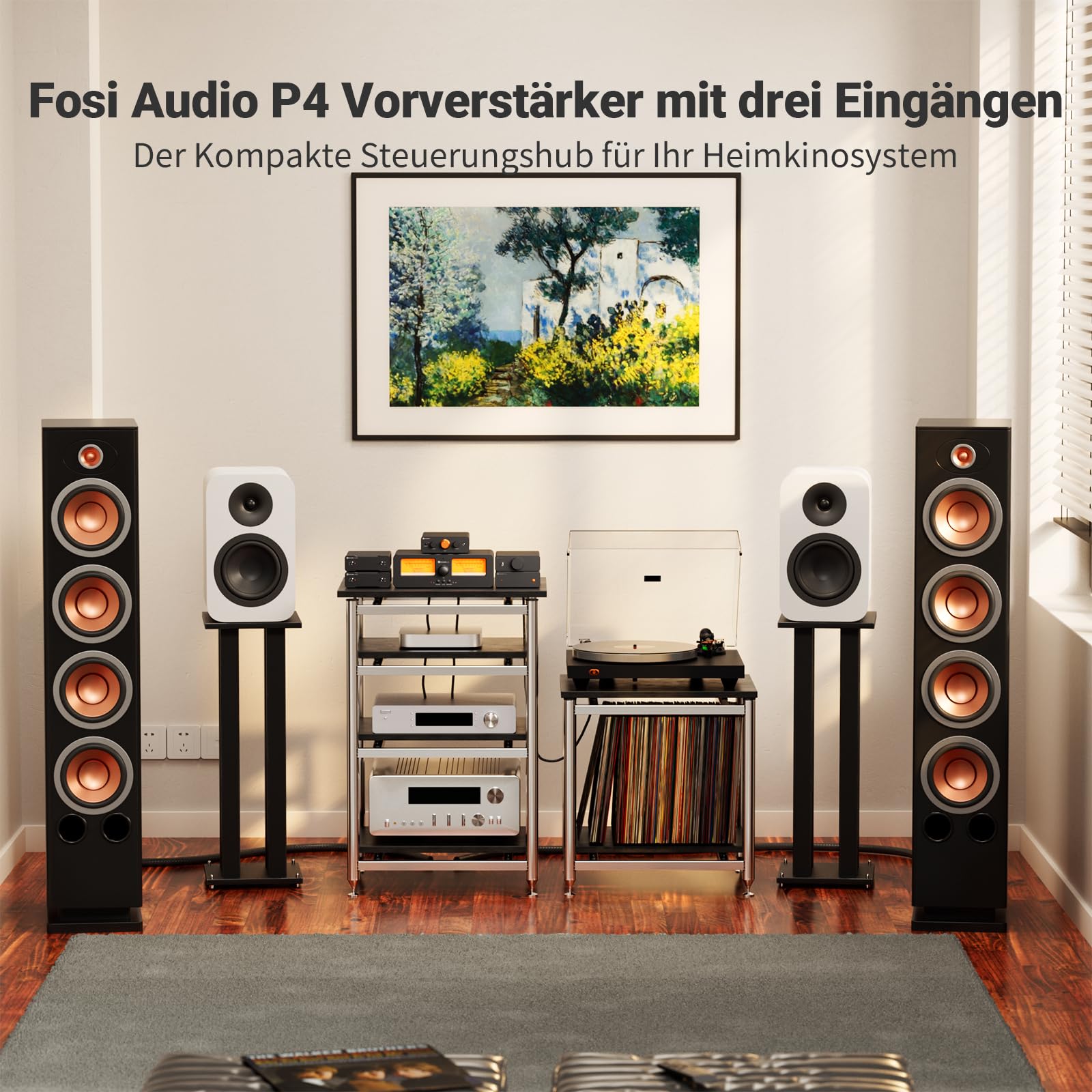 Fosi Audio P4 Mini vorverstärker mit 3 RCA-Eingängen, Heimaudio-Stereovorverstärker für Verstärker/Aktiv-Subwoofer/Lautsprecher, 3-stufigem Verstärkungsregler (3/6/9 dB), Bass- und Höheneinstellung