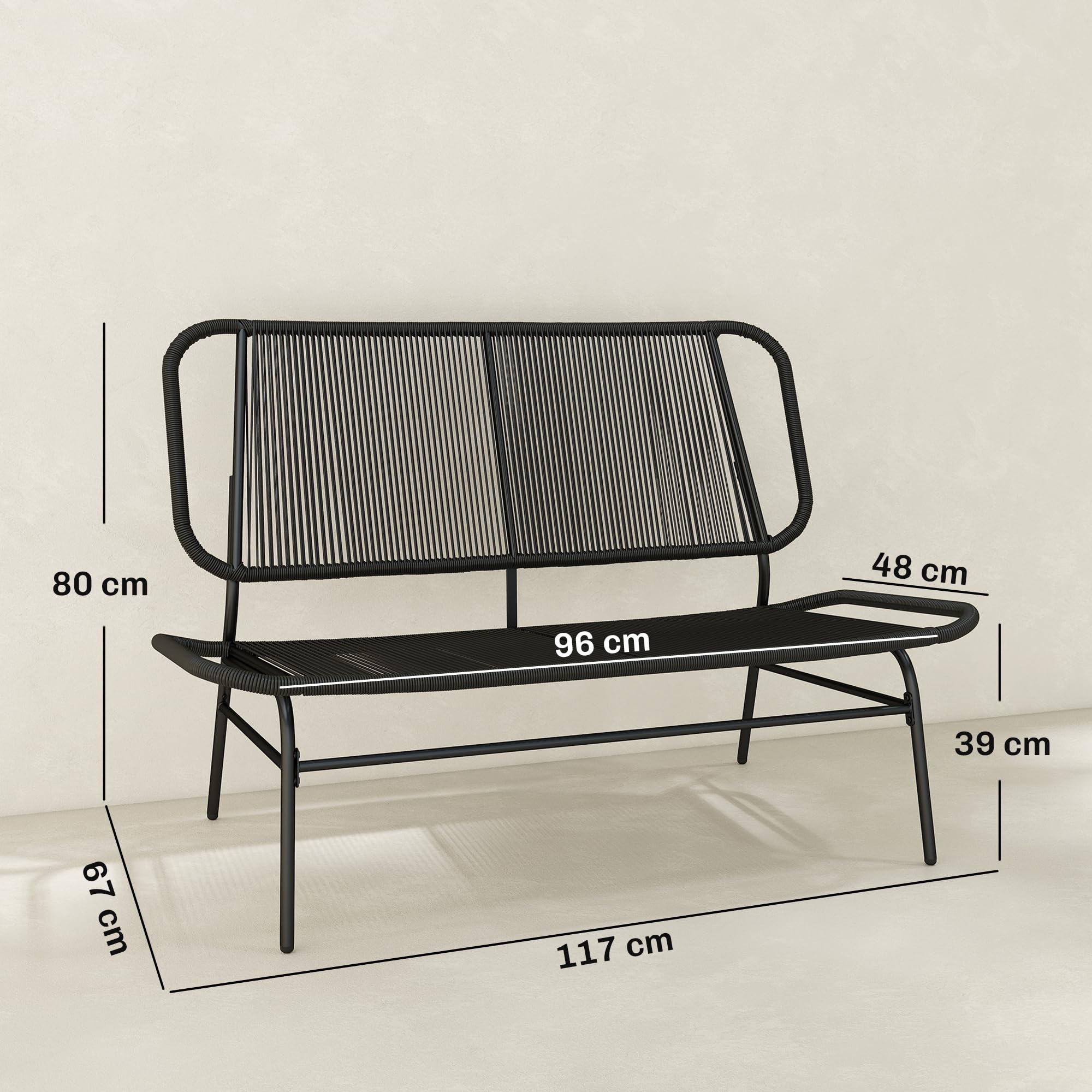 Outsunny Divano da Giardino 2 Posti in Rattan PE, Divanetto da Esterno Seduta e Schienale Intrecciati, Telaio in Acciaio, Divano da Esterno, per Terrazza e Cortile, Capacità 240 kg, Nero