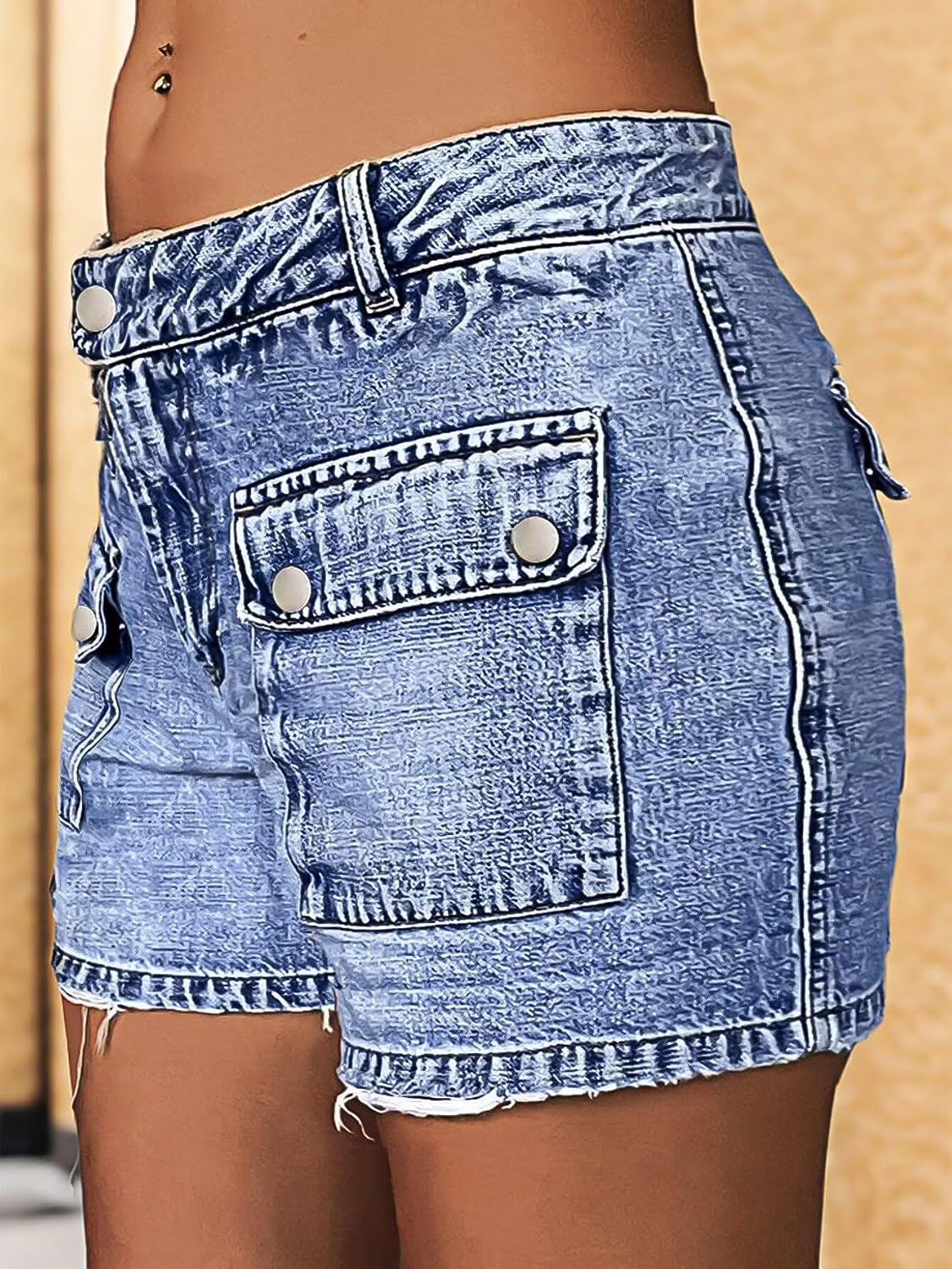 Flamingals Denim Shorts for Women Wash Raw Hem Flap Pocket Mid Rise Shorts