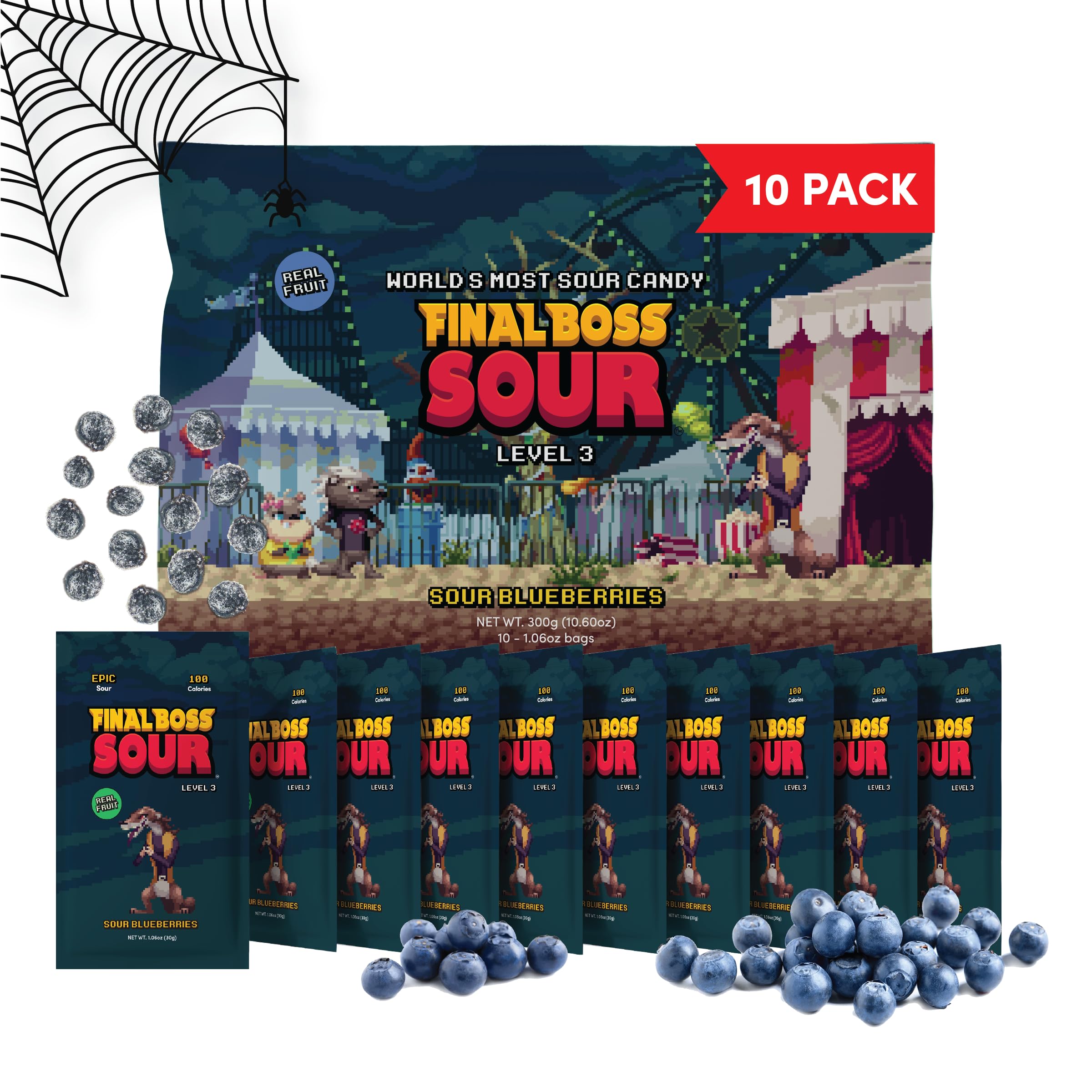 Final Boss Halloween Sour Candy, Sour Blueberries, 10 Pack, Level 3, Fruit Chews with Real Dried Fruit, No Artificial Colors or Flavors, Low Calorie Snack for Kids, Teens, Adults, Lunch Boxes