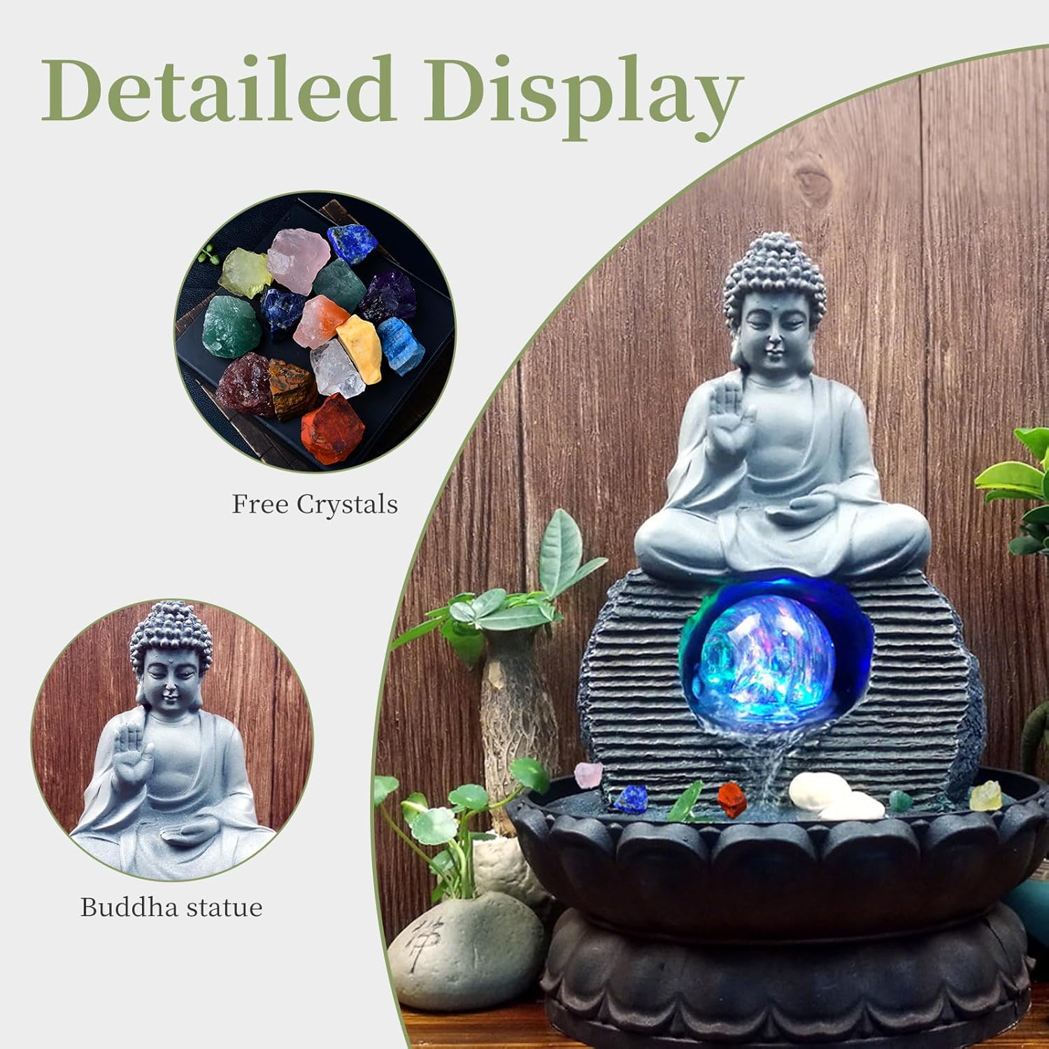 Zen Sitting Buddha Tabletop Fountain - Small Indoor Meditation Waterfall Water Feature for Zen Decor in Home, Office, Living Room or Bedroom + (10 PCS Free Crystals)