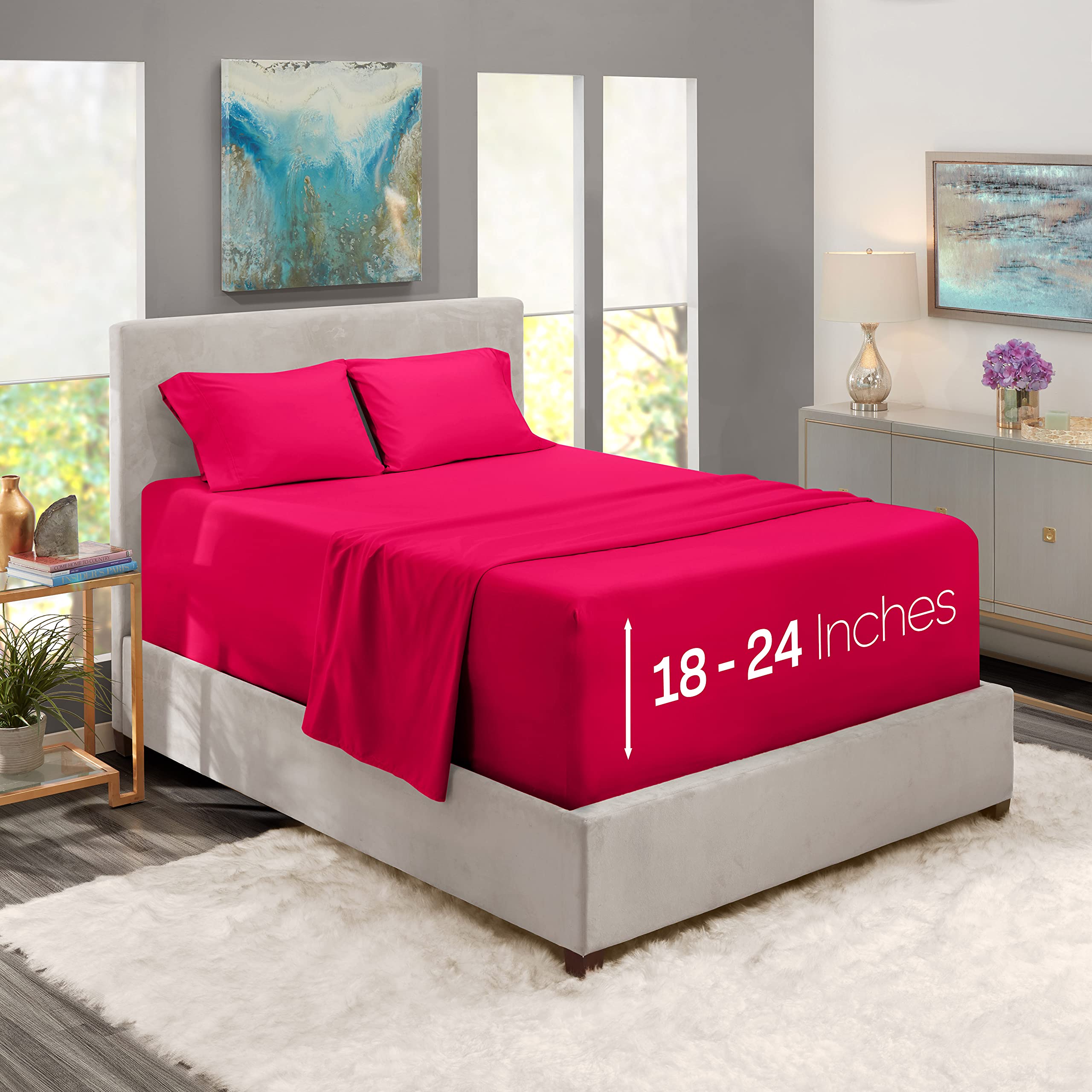 Nestl Extra Deep Pocket Bed Sheet Set – 4-Piece Hotel Bed Sheet Set Deep Pocket Bed Sheets 18-24 Inch Deep Pockets – Fitted Sheet, Flat Sheet and 2 Pillowcases – Twin – Hot Pink
