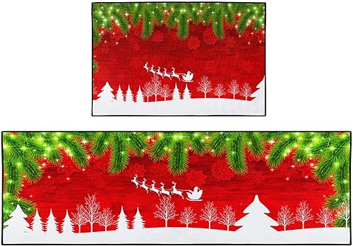 Juego de 2 alfombras y tapetes de cocina de Navidad, antideslizantes, lavables, con ramas de pino, renos, alfombra roja de Navidad, decoración de