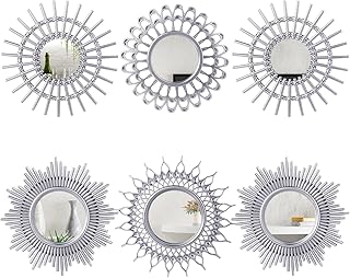 Namalu 6 Pcs Mirrors - Small Circle Sun Mirrors for Decorative Wall Art - Entryway, Bathroom, Bedroom, Living Room (Silver, Classic)