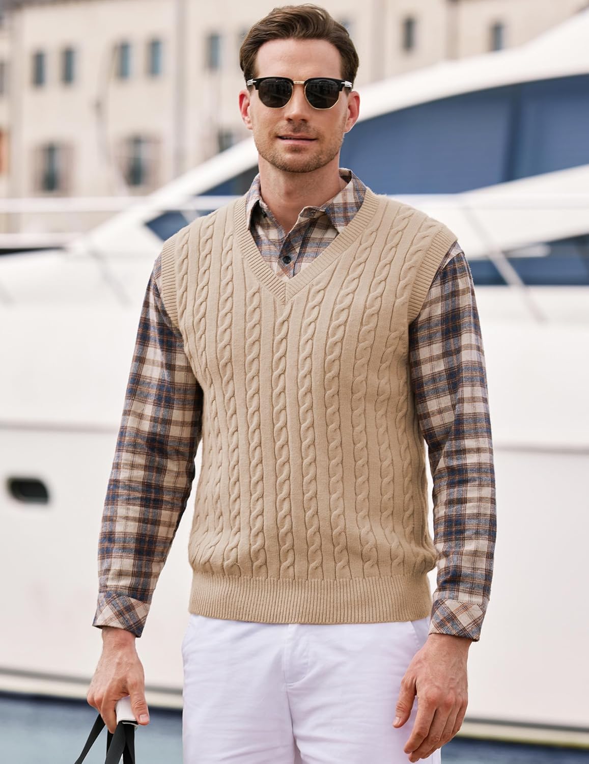 JMIERR Men's Sweater Vests Causal Sleeveless Cable Striped Knit V Neck Pullover - Image 2