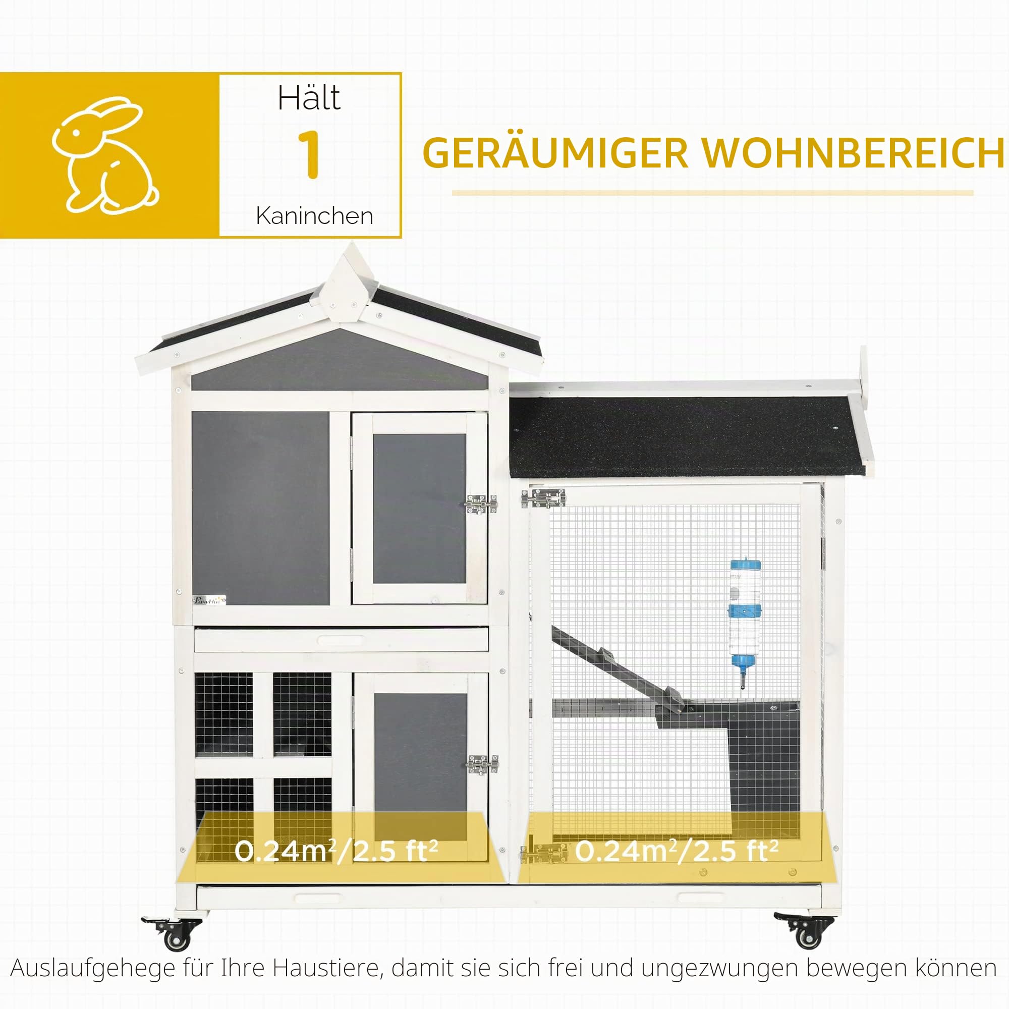 PawHut Außen Kaninchenstall für 2 Kaninchen 110x60x104cm Grau und Weiß