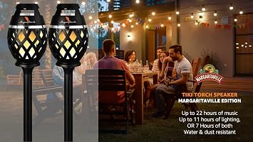 Margaritaville Tiki Torch - Waterproof Bluetooth Speaker, Portable Party Speaker with Flickering LED Lights, Perfect for Travel, Parties, Yards, and Pools (2 Pack)