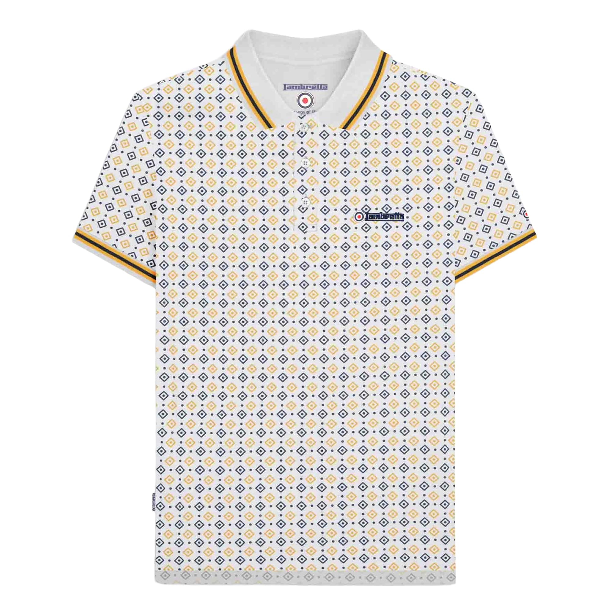 Lambretta Mens Geometric Print Short Sleeve Polo Shirt (UK, Alpha, M, Regular, Regular, White)