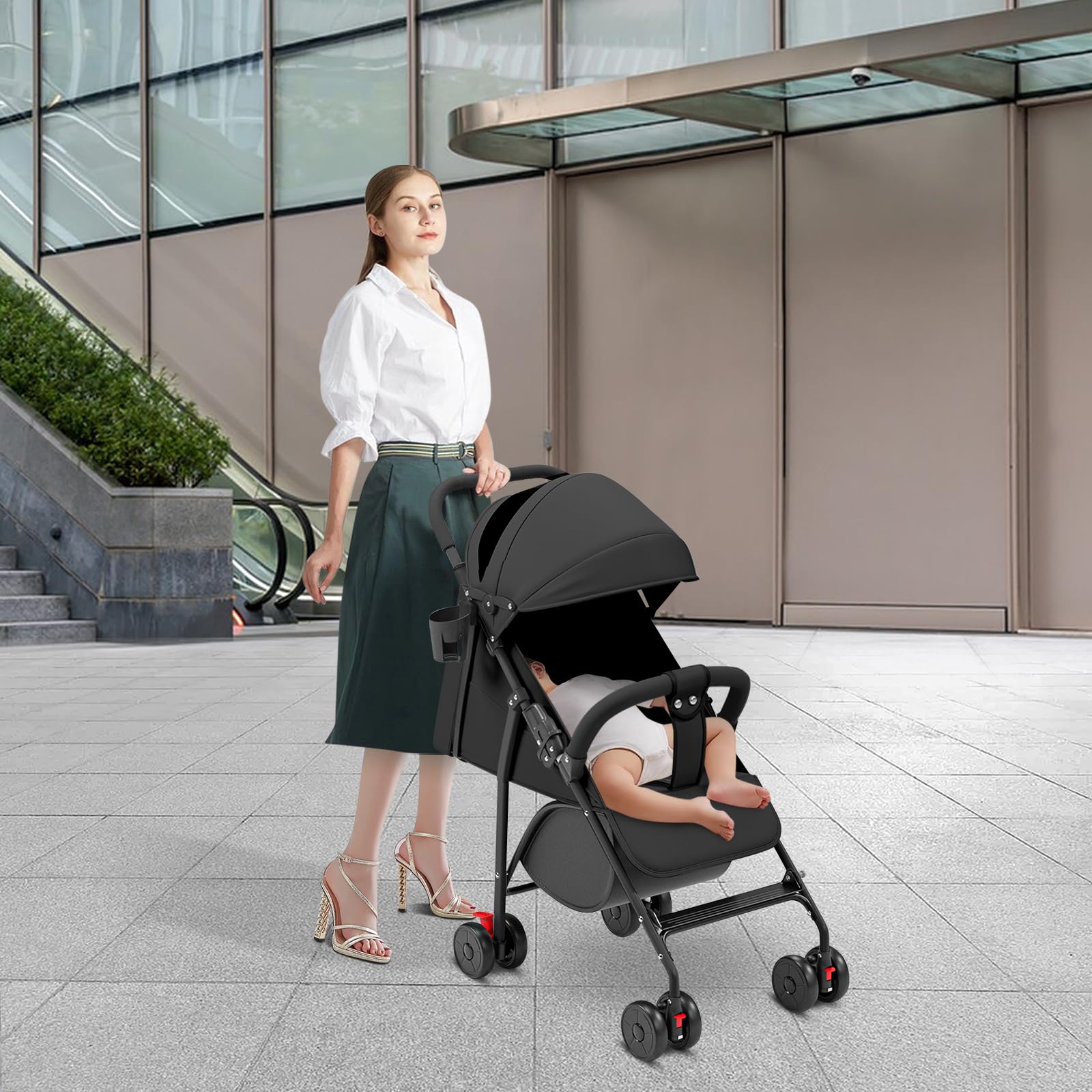 OHMG Kinderwagen Premium Kinderbuggy klappbar Liegebuggy Sportwagen Faltbar 360°Räder 5-Punkt Gurt Inkl. Getränkehalter, verstellbare Rückenlehne & Sonnenverdeck,Moskitonetz,Buggy (C-Noir)