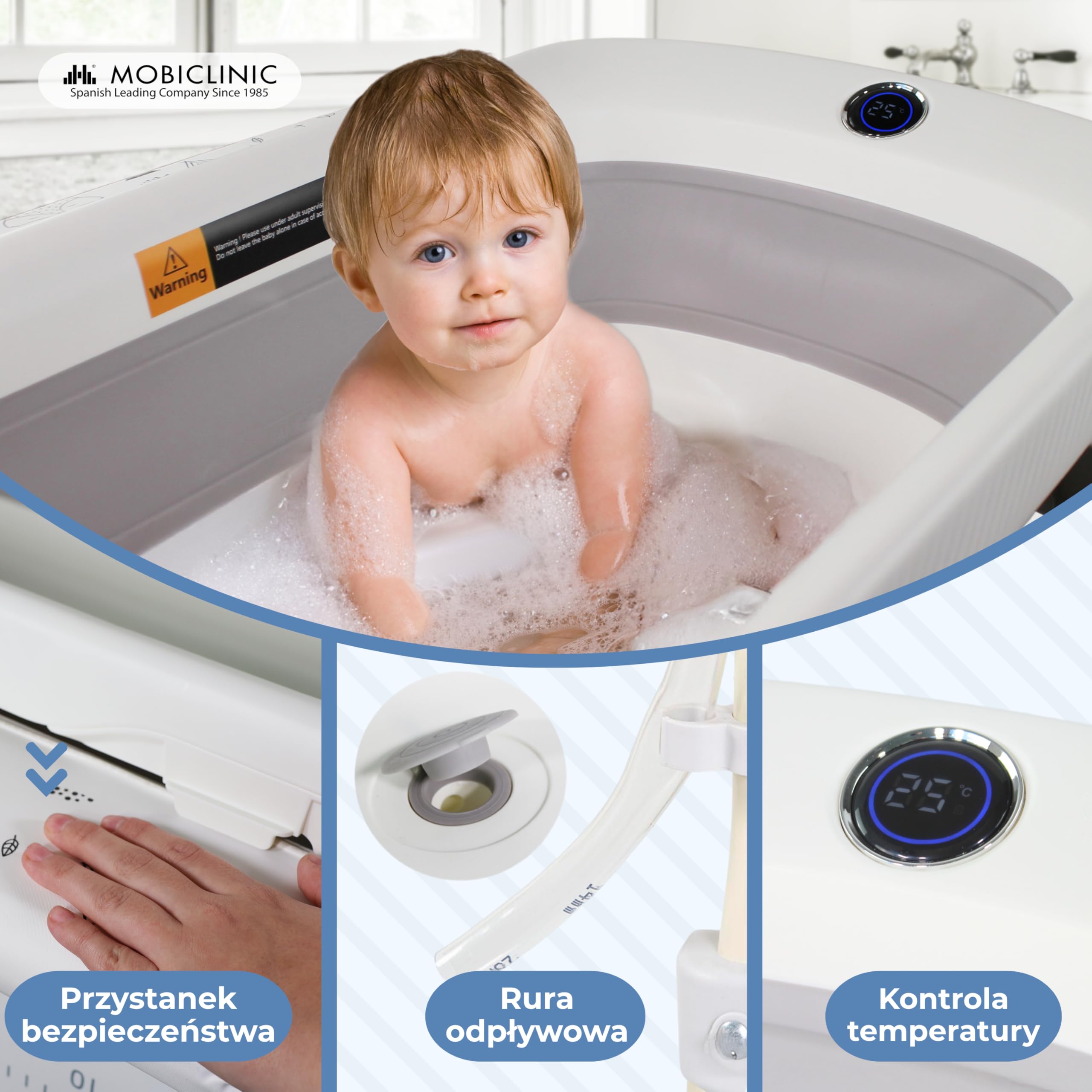 Mobiclinic®, Rzewijak dla niemowląt 2 w 1 z wanienką, Trendy, 4 regulacje wysokości, Termometr, Kółka hamulcem, Koszyk do przechowywania, 50 kg, Rurka odpływowa, 0-36 miesięcy