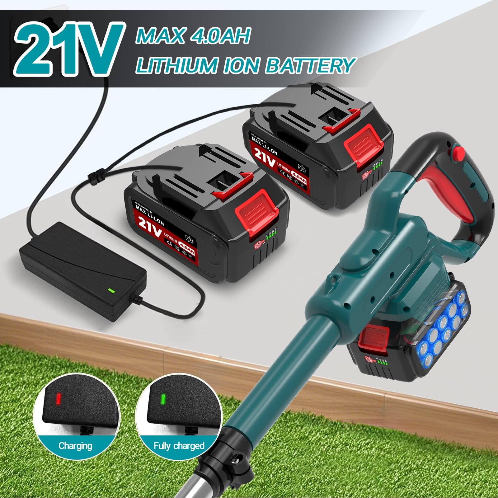 Desbrozadora con batería de 21 V × 4,0 Ah, batería para Makita, cortabordes con cepillo para malas hierbas, desbrozadora, incluye motor sin escobillas de 750 W, cargador (azul)