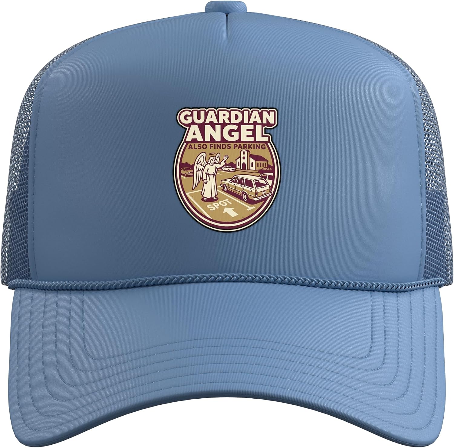 Guardian Angel Waving Car Into Parking Spot Catholic Trucker Hat with Adjustable Mesh Back image 2