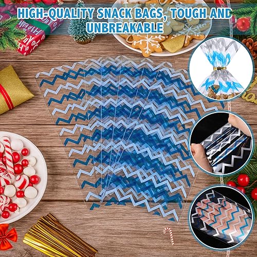 Miniatura 54 de HESTYA 50 bolsas de celofán transparentes de Navidad de 5 x 11 pulgadas, bolsas de almacenamiento con patrón de bloque para dulces para regalos
