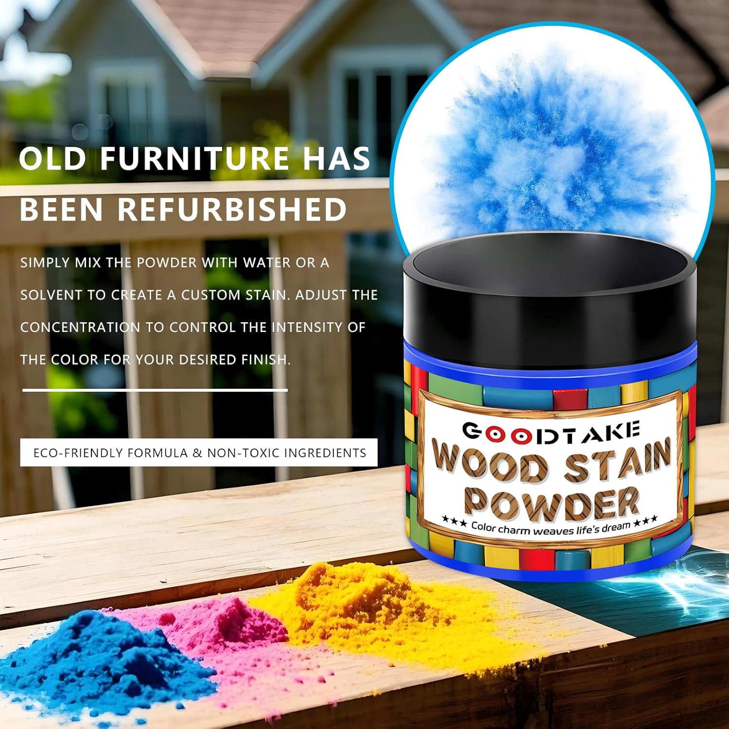 GOODTAKE Navy Blue Wood Stain Powder, Wood Dye Stain Powder That Makes Vibrant Wood, Premium Fast Dry Dark Wood Stain Powder for Craft, Multiple Finishes - for Indoor Outdoor Wooden (Navy Blue, 2 oz)