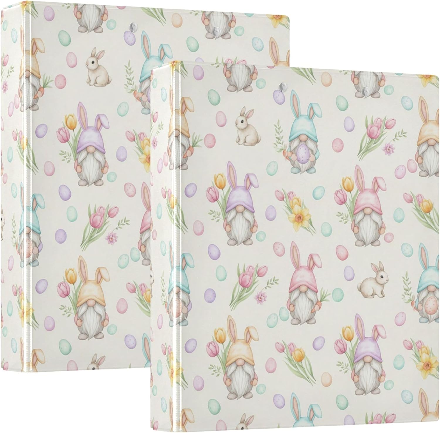 Cute Easter Gnomes and Eggs 3 Ring Binders, 1.5” Round Ring Binders with Clipboard - Letter Size, 3 Interior PVC Clear Pockets & Anti-Slip Clip for Office School Supplies, 2PCS