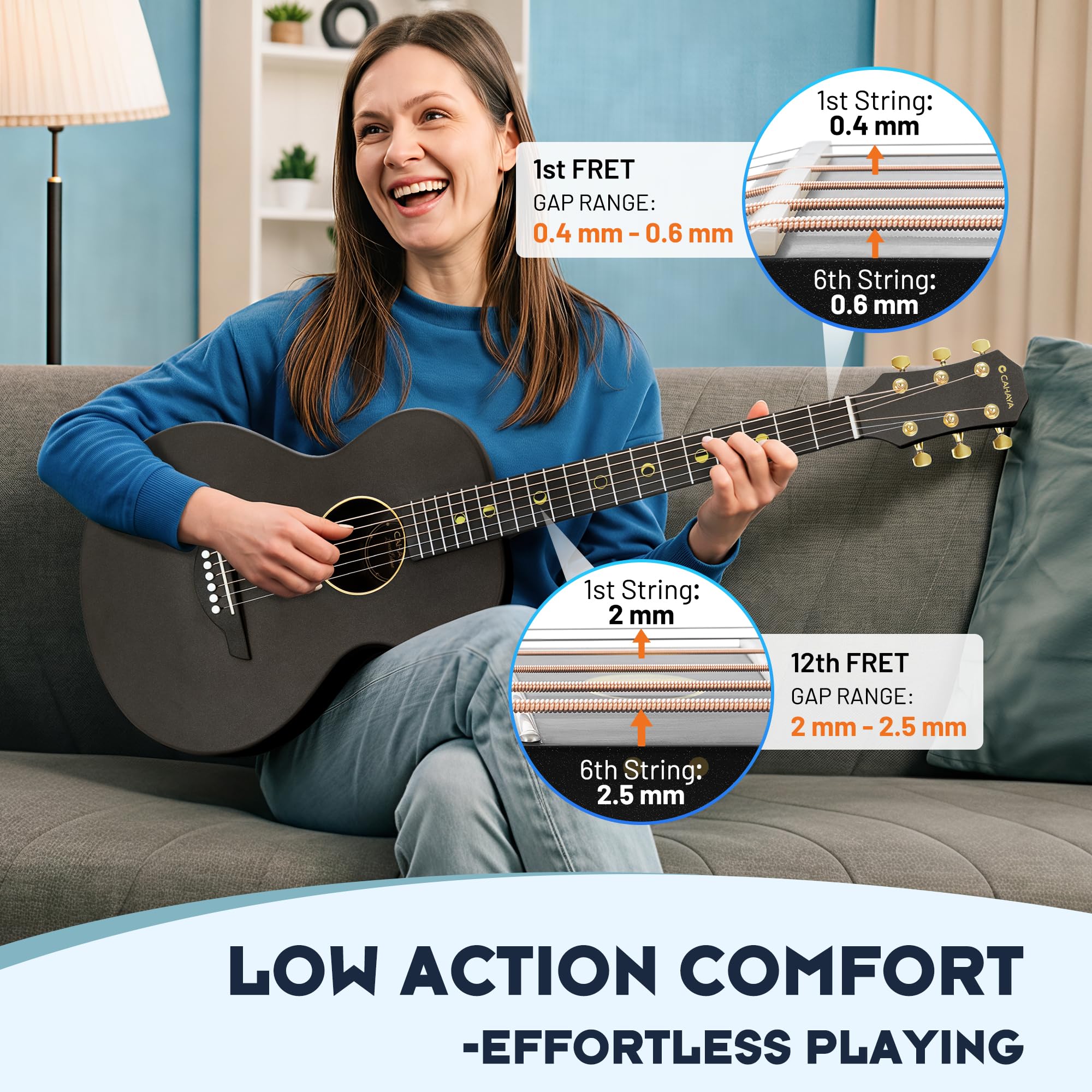 CAHAYA Carbonfaser Akustikgitarre 38 Zoll, ultraleicht 1,9 kg, Reisegitarre | OM-Bauform, ultraleicht 1,9 kg, wetterfest; Low Action, Modern-C-Hals, Stahlsaiten, Gigbag & Zubehör für Anfänger und Reisen