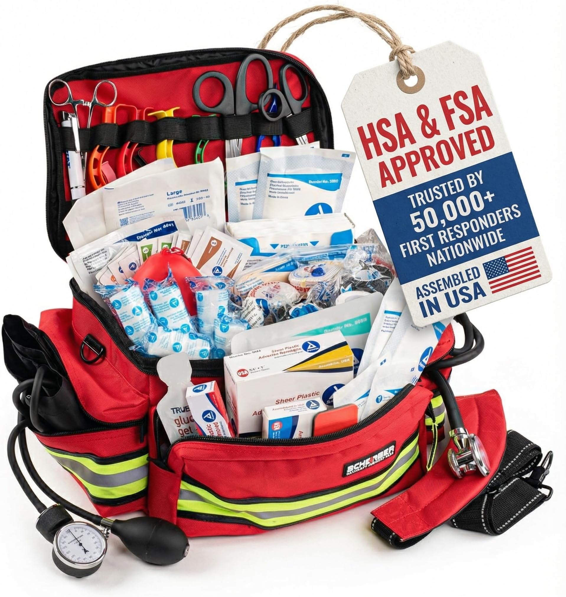 Scherber First Responder Fully-Stocked Professional Essentials EMT/EMS Trauma Kit | HSA/FSA Approved | Reflective Bag w/8 Zippered Pockets & Compartments & 200+ First Aid Supplies - Red