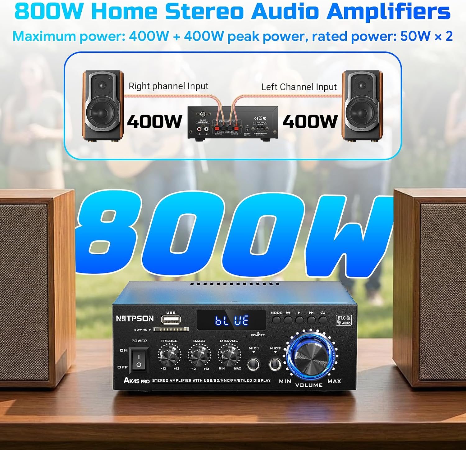 AK45 Bluetooth Stereo Receiver Amplifier,800W Home Audio Amp with FM Radio,USB/SD Inputs Remote Control, Wireless Power Amplifier for Home Theater Speakers,Karaoke,Garage Bookshelf Speakers