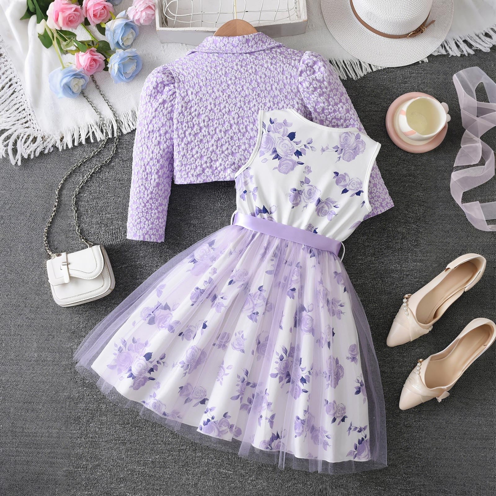 Generico Vestito Ragazza 2 Pezzi Cardigan a Manica Lunga e Gonna in Tulle con Fiocco Abito da Principessa Battesimo Elegante Cerimonia Compleanno