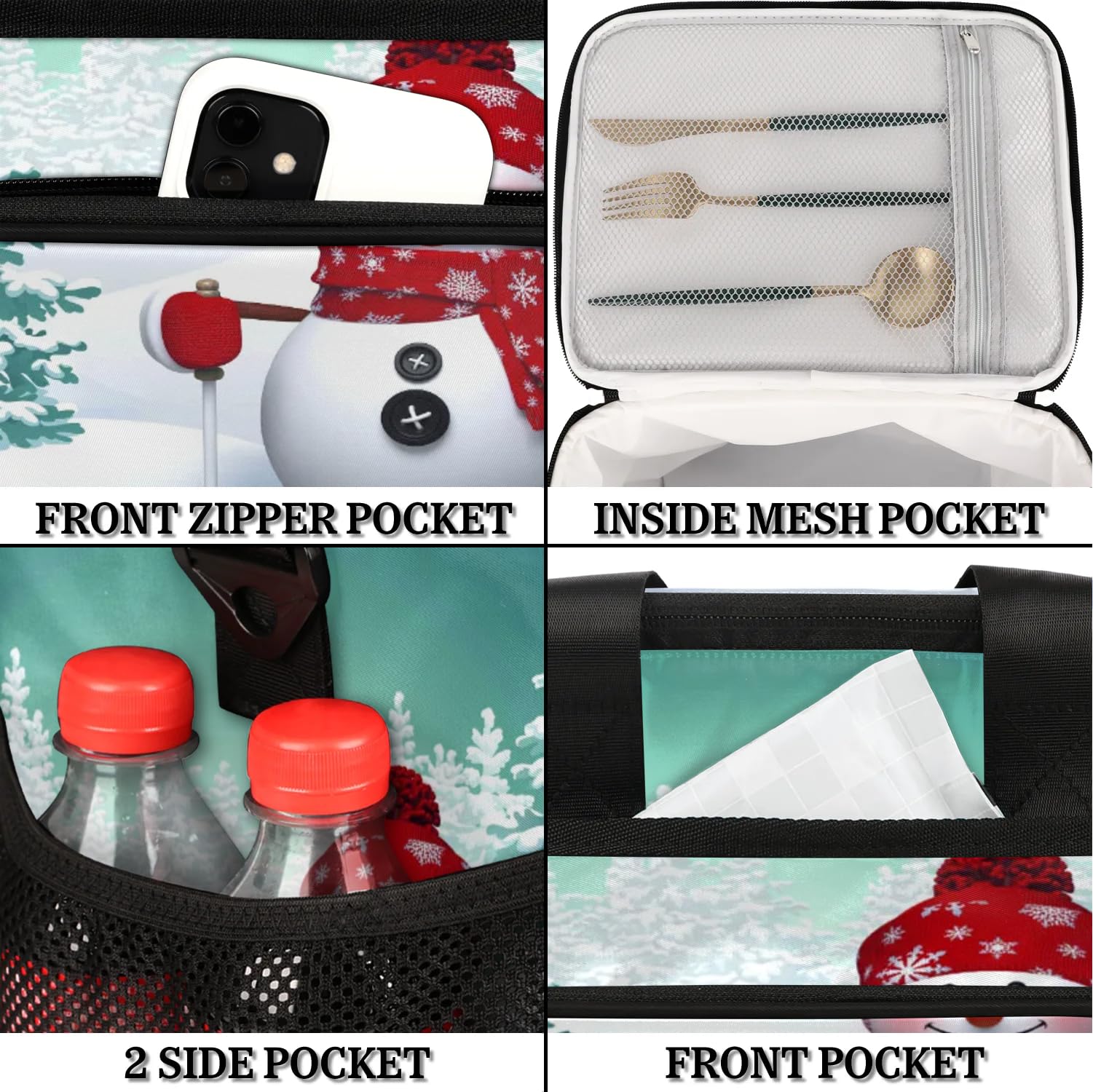 Große Lunchtasche mit weihnachtlichem Schneemann, für Erwachsene, Herren, Damen, Kinder, Mädchen, Jungen, Schneemann, Baum, Schneeflocke, isolierte Lunchbox, Kühltasche, Kühltasche, Kühltasche,