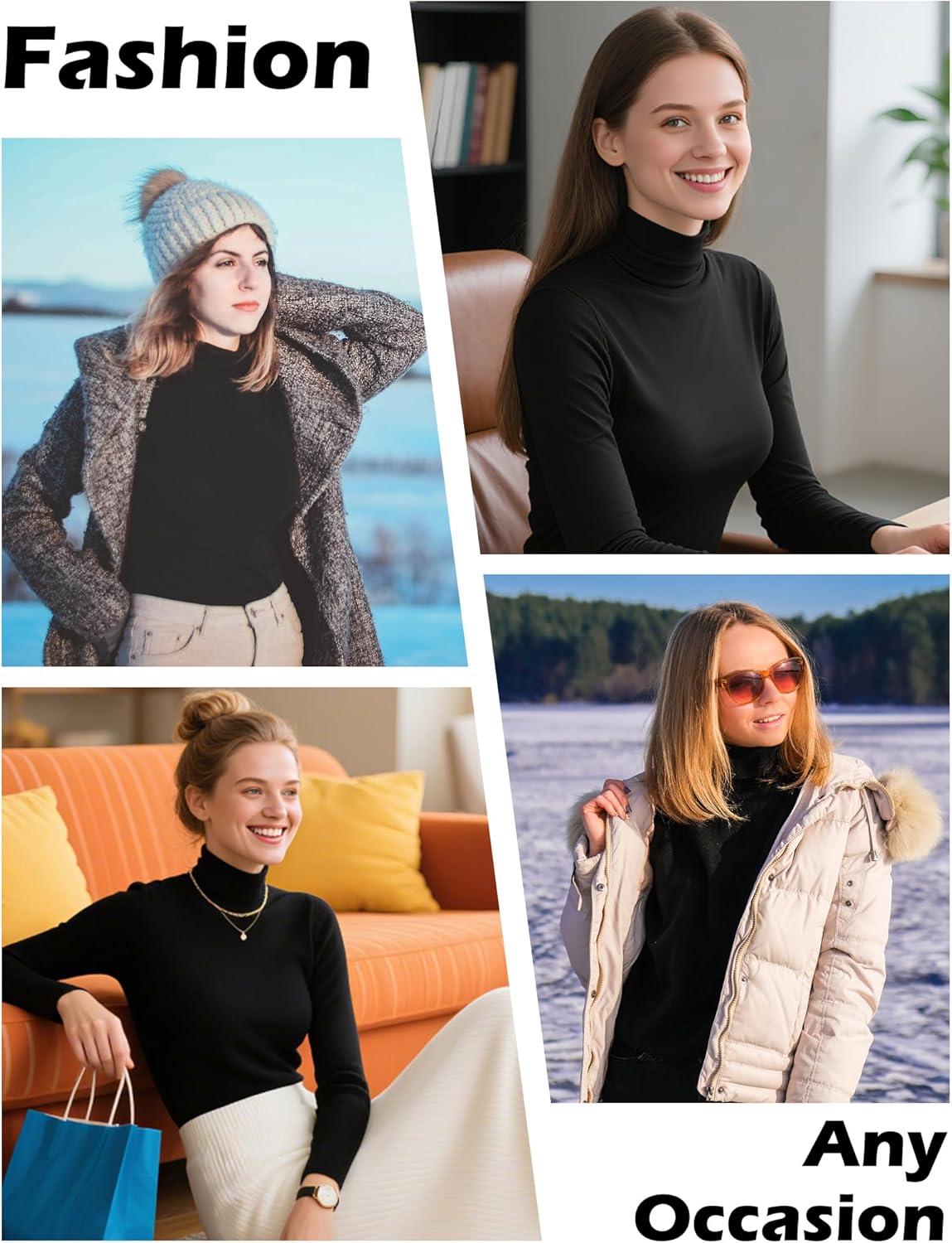 5 Pack Turtleneck Thermal Shirts for Women, Turtle Neck Long Sleeve Fleece Lined Base Layer Underwear Tops - Image 7