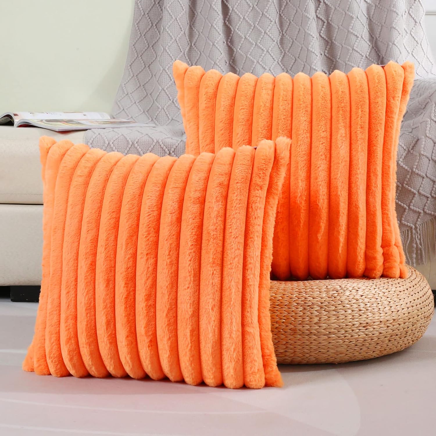 FUTEI Orange Striped Throw Pillow Covers 14x14 Inch Set of