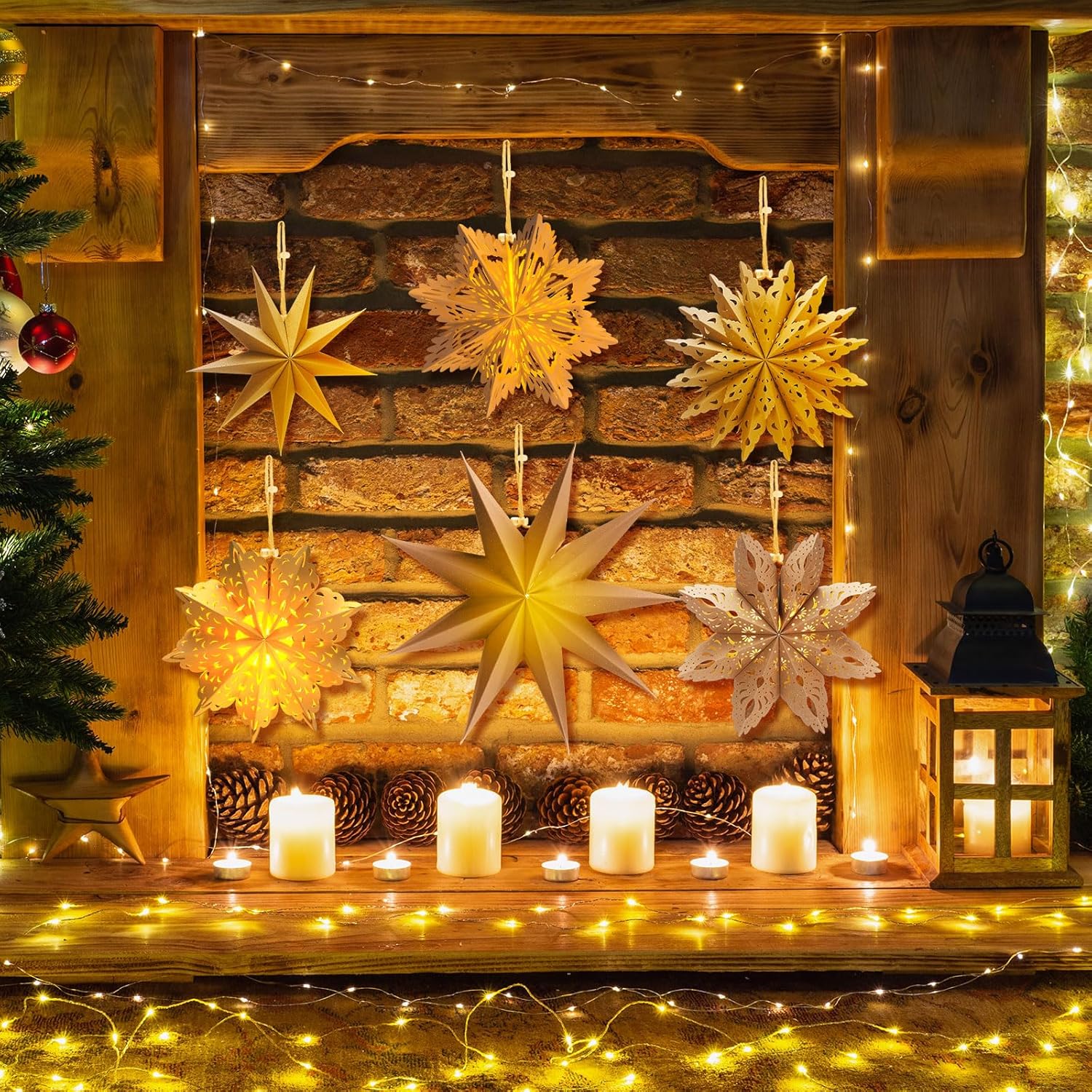 Leinuosen 10 Set Christmas Snowflake Paper Lantern Star Paper Lantern with 10 LED Lights Lamp Star Hanging Decor for Party Xmas Weddings New Year Birthday Celebration Decorations (Kraft Color)