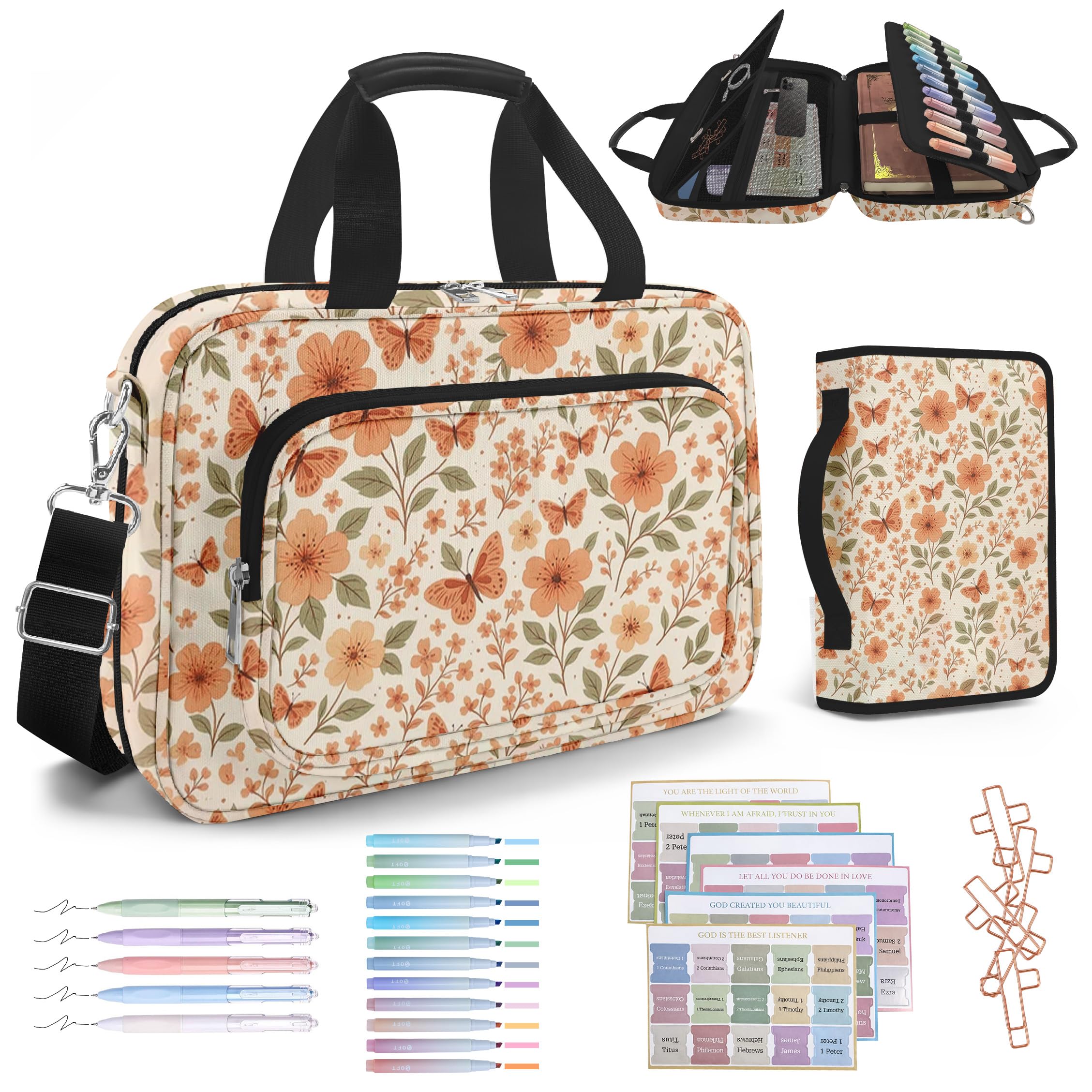 bolimoss Butterfly Floral Bible Case for Women, Bible Cover Case with Pens Highlighters Cross Clip Tabs, Bible Bag with Strap Handle Zipper Pockets, Large Bible Study Supplies Accessories for Gifts
