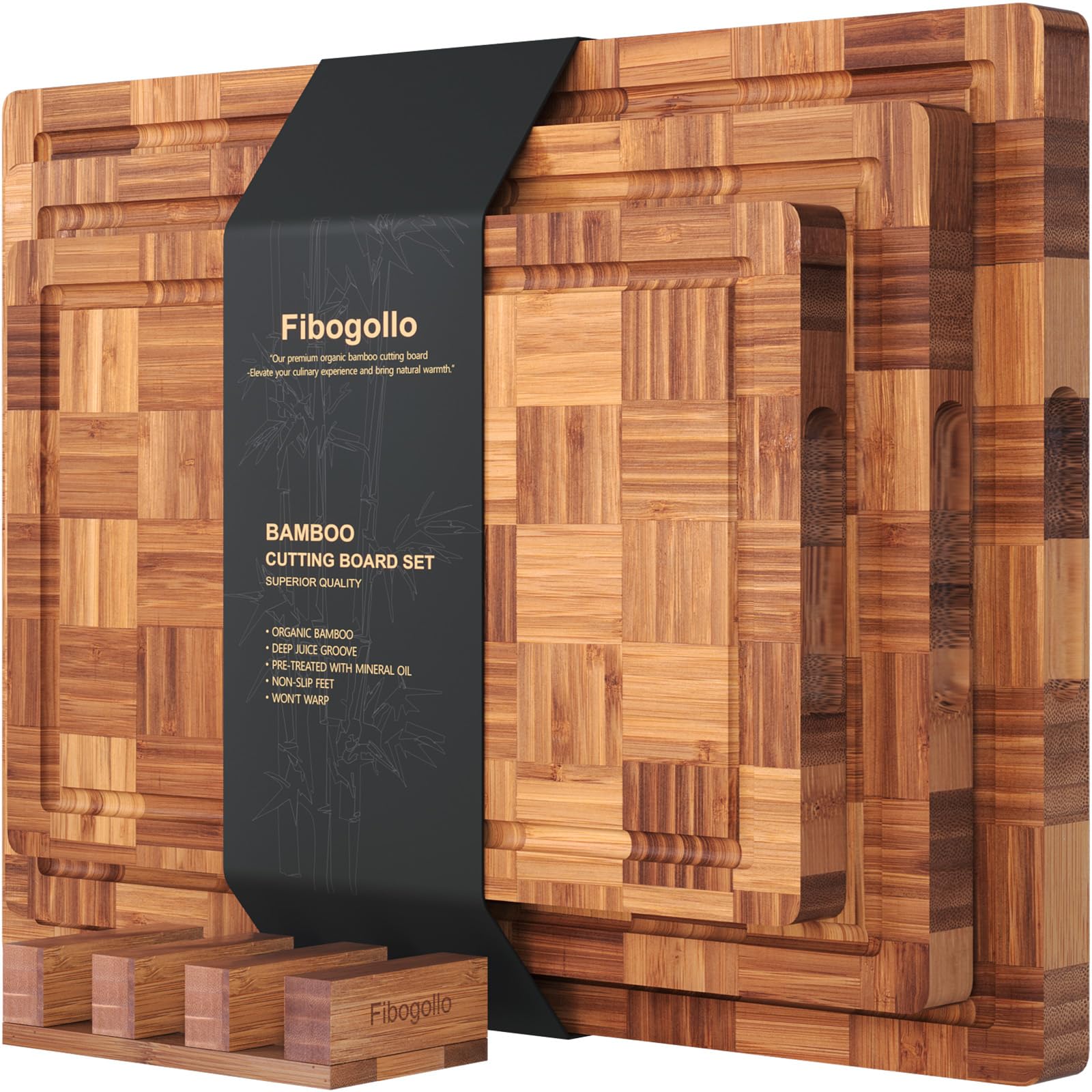 Fibogollo Juego de 3 tablas de cortar de bambú, versión mejorada de lujo, tabla de cortar para cocina, tablas de cortar de madera con ranura para jugo, juego de tabla de servir con soporte para carne,