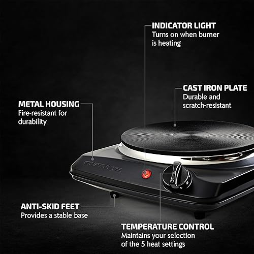 Miniatura 2 de OVENTE Encimera eléctrica de un solo quemador, placa de cocina de 1000 W con placa caliente de hierro fundido de 7.25 pulgadas, control de BGS101S
