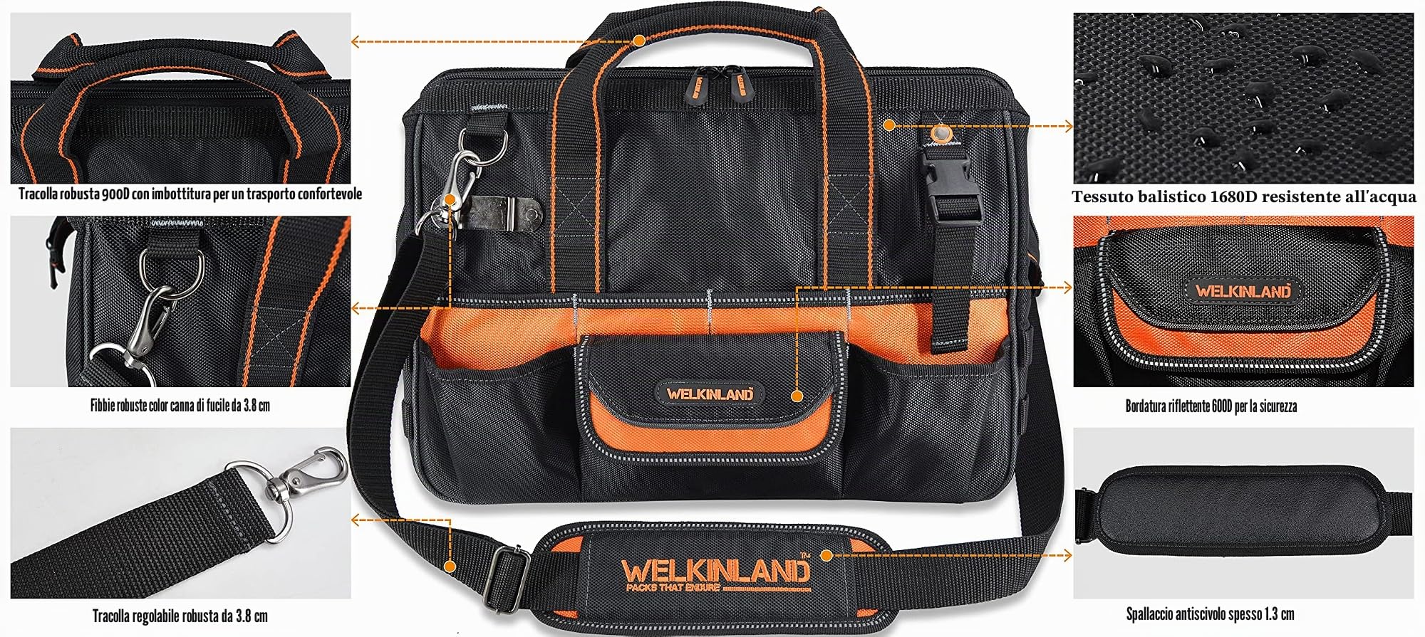 WELKINLAND Borse per attrezzi da 16" con 32 tasche, resistente e impermeabile, ideale per uso intensivo e professionale