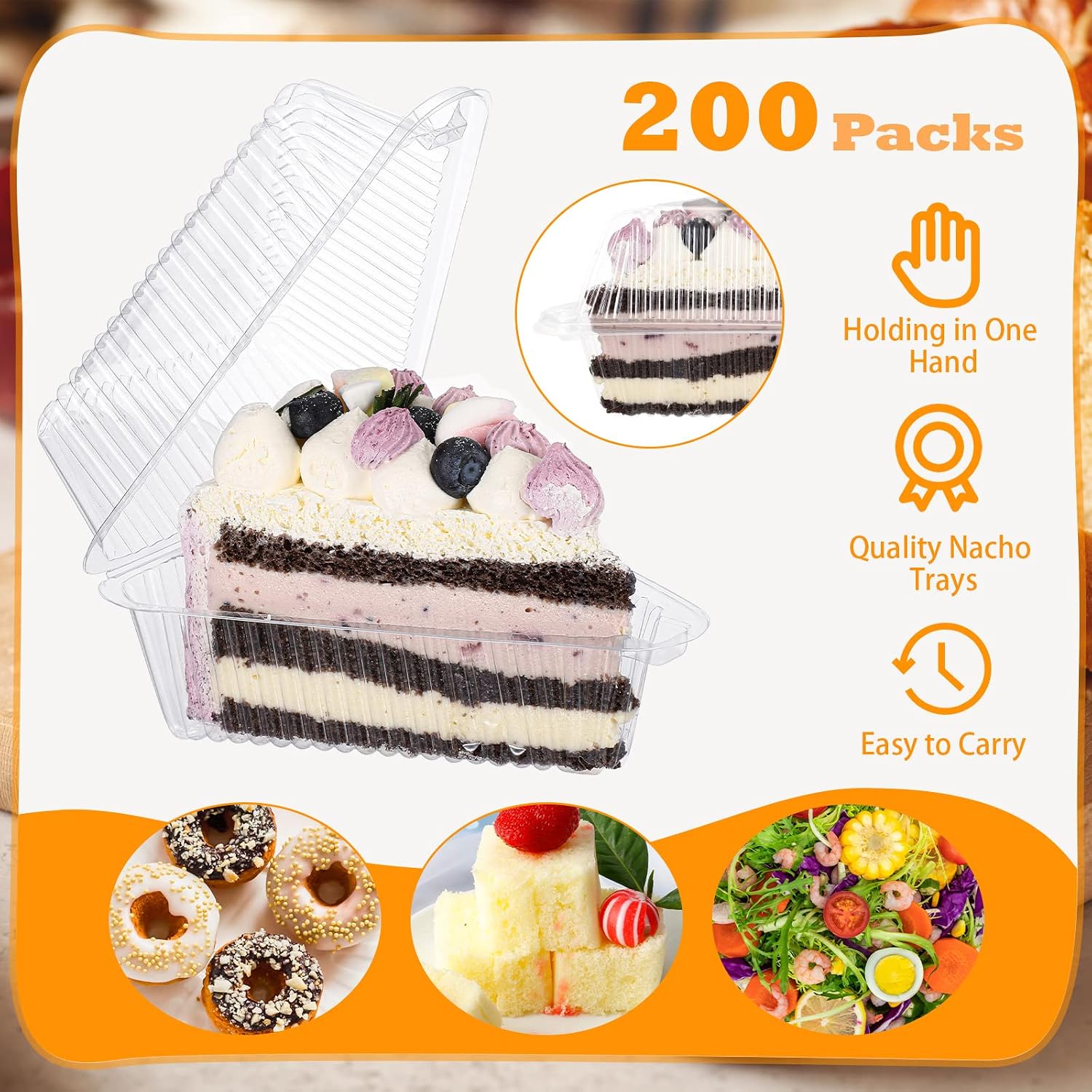 Yinkin 200 Pcs Clear Cake Slice Container with Lids Single 5'' Clear Medium Hinged Lid Pie Slice Container Disposable Box Food Containers for 7''- 9'' Diameter Pie Cheesecake Packaging Home Bakery