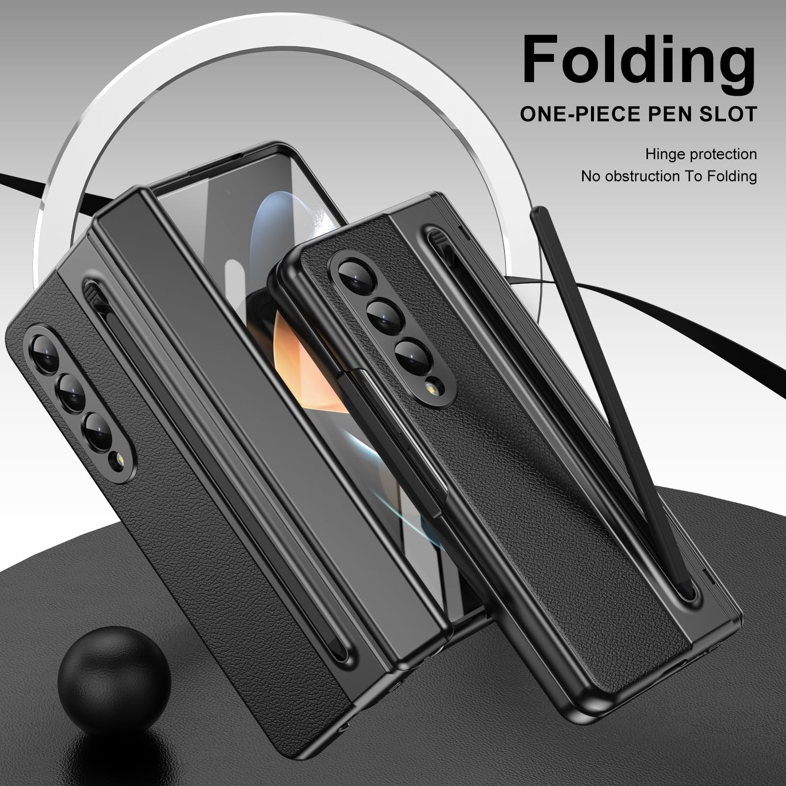 pour Galaxy Z Fold4 Étui avec Stylet et Emplacement pour Stylet, Protecteur d'écran trempé + Protection de charnière Housse en Cuir pour Samsung Galaxy Z Fold4-Noir