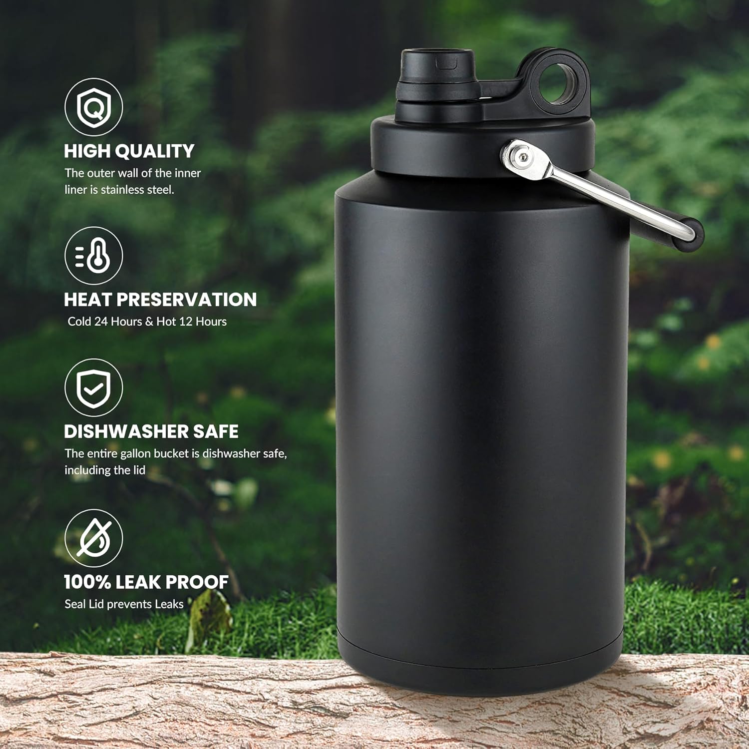 1 Gallon Water Bottle Keeps Ice 48Hr Wide Mouth, Insulated Large Gallon Water Jug - Leakproof Vacuum Thermos Flask for Gym, Camping, & Construction Black - Image 3