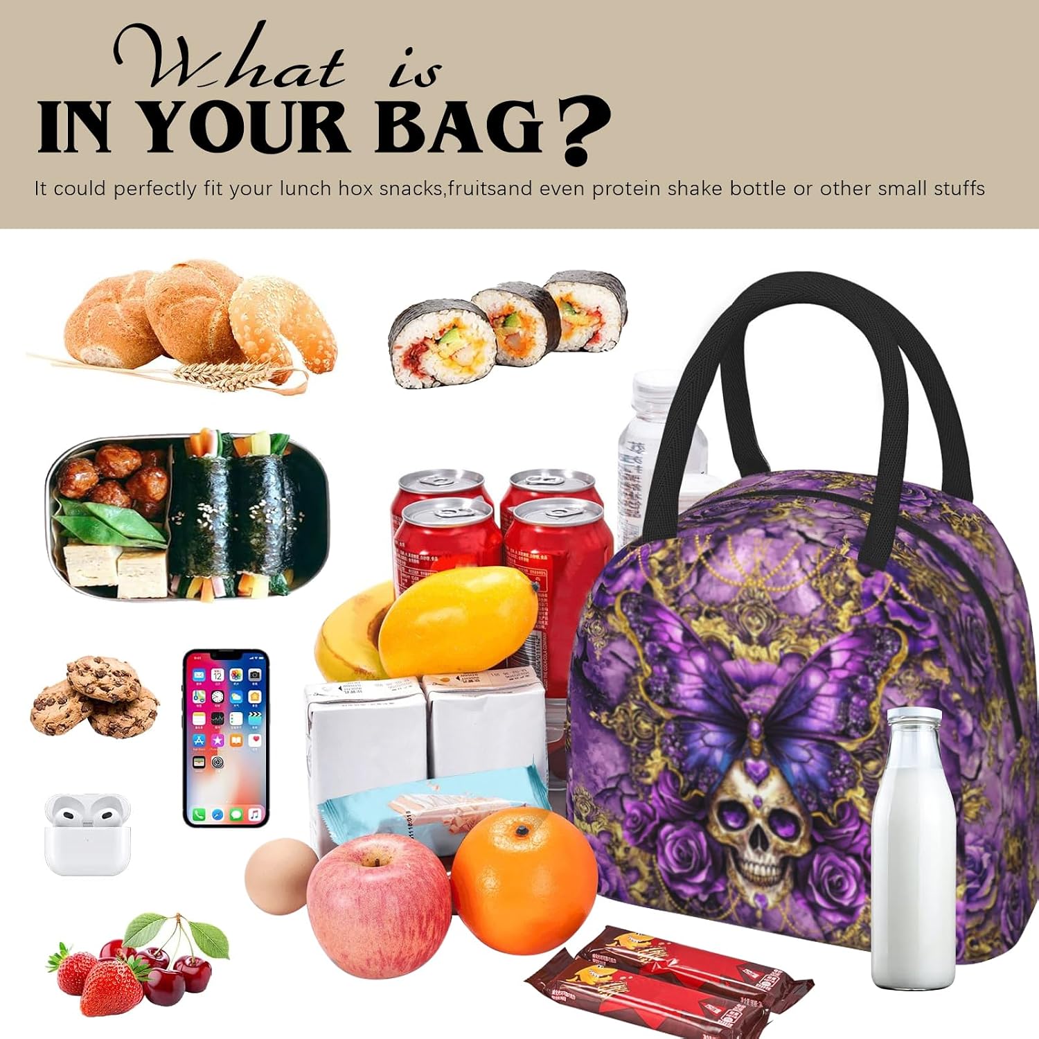 Butterfly Skull Lunch Box for Women Men Insulated Gothic Purple Butterfly Lunch Bag Reusable Large Containers Cooler Lunch Tote Bag for Office Work Picnic Hiking