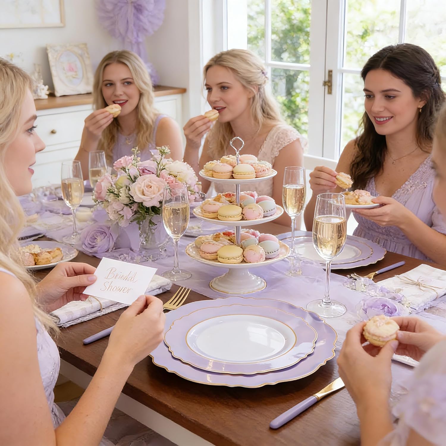 WDF 60pcs Purple Plates Disposable with Gold Rim - Baroque Light Purple Plastic Plates - Lavender Plates for Spring/Wedding/Easter/Birthday