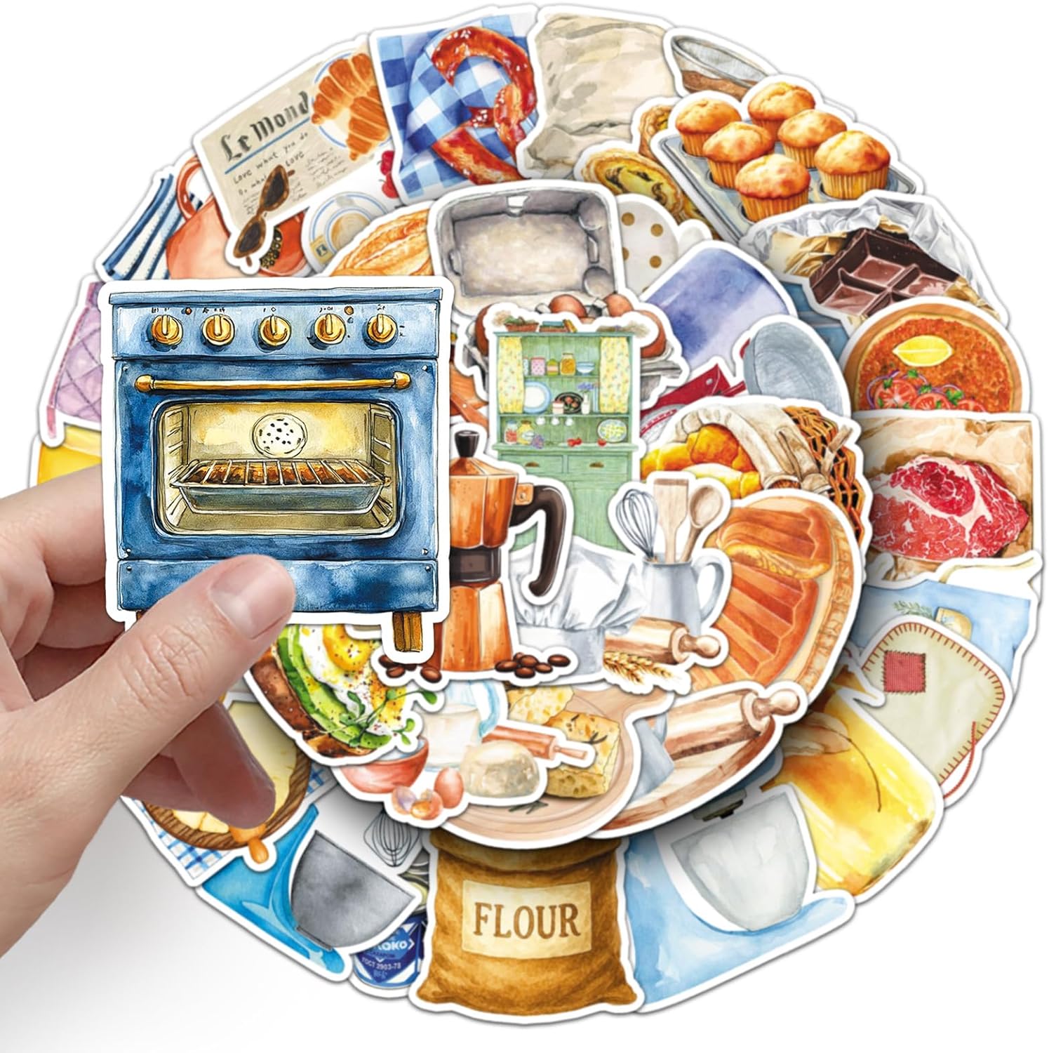 50PCS Watercolor Baking & Kitchen Stickers, Waterproof Vinyl Pastry & Cooking Decals for Scrapbooking, Journaling, Water Bottles, Laptops, Envelopes, Cute Bakery & Chef Stickers for Bakers image 2