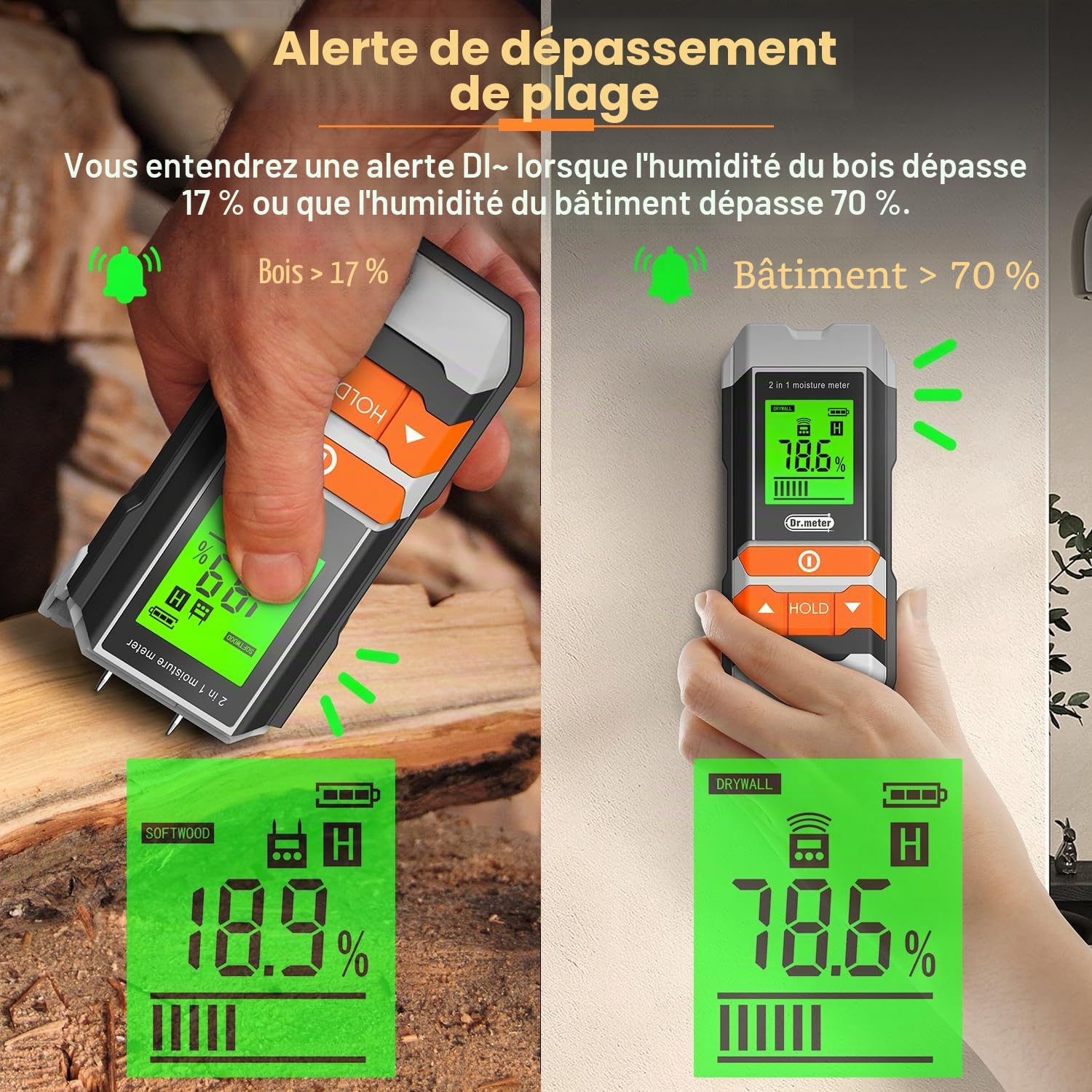 Dr.meter Testeur Humidité, 2 in 1 Testeur Humidité Bois Avec ou sans épingle Testeur Humidité Mur Testeur de L'humidité du Bois et des Matériaux de Construction Ecran LCD Rétroéclairé