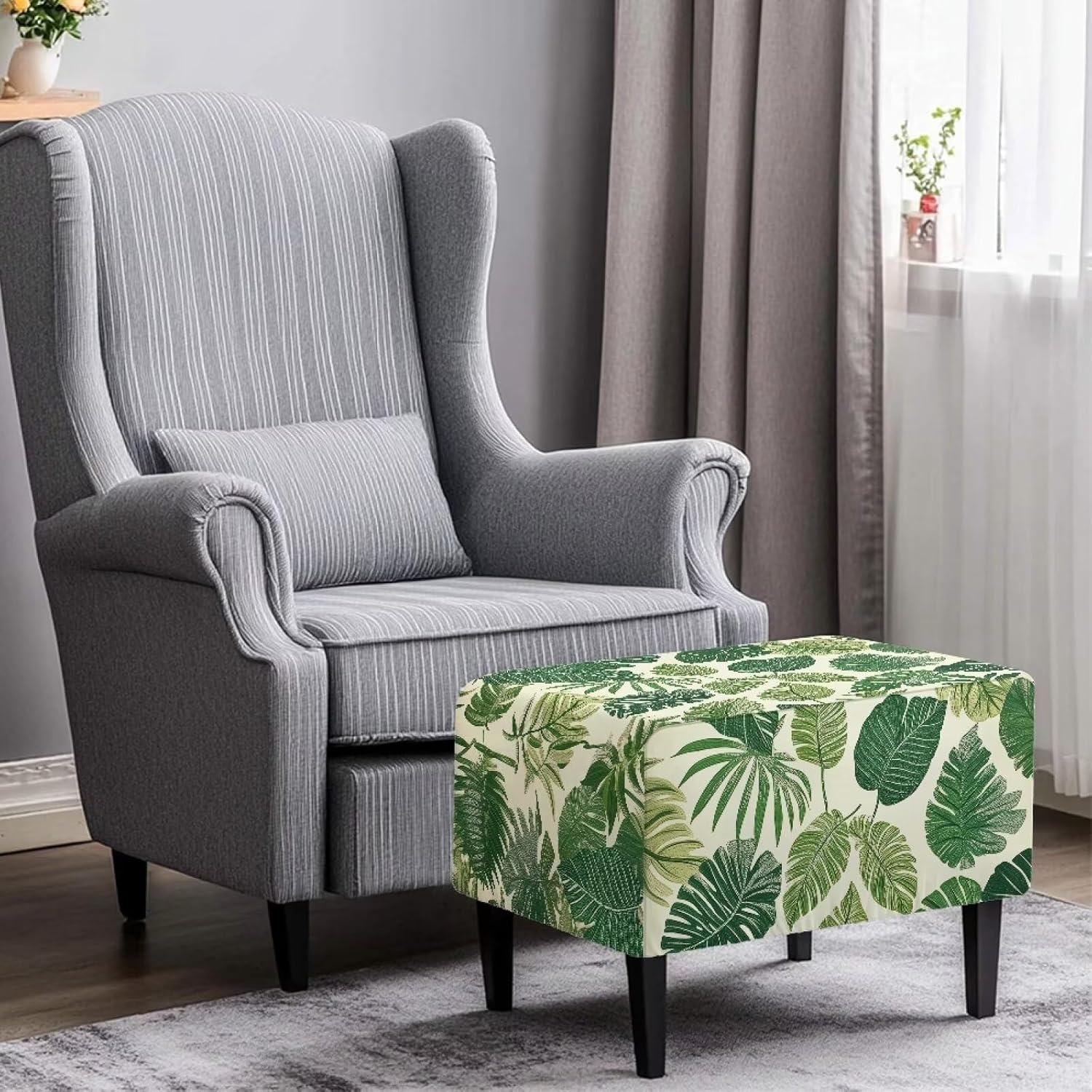 Talayituse Tropical Monstera Palm Leaf Print Ottoman Cover Stretch Rectangle Ottoman Slipcover for Foot Stool, Anti-Scratch Folding Storage Furniture for Living Room with Nonslip Elastic Bottom, Large