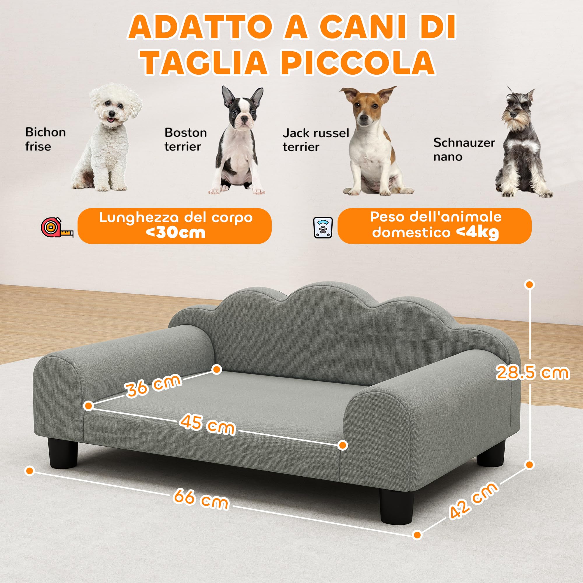 PawHut Divano per Cani Piccoli Morbido con Braccioli di Supporto, Divanetto per Cani in Legno e Tessuto French Terry, 66x42x28.5 cm, Grigio